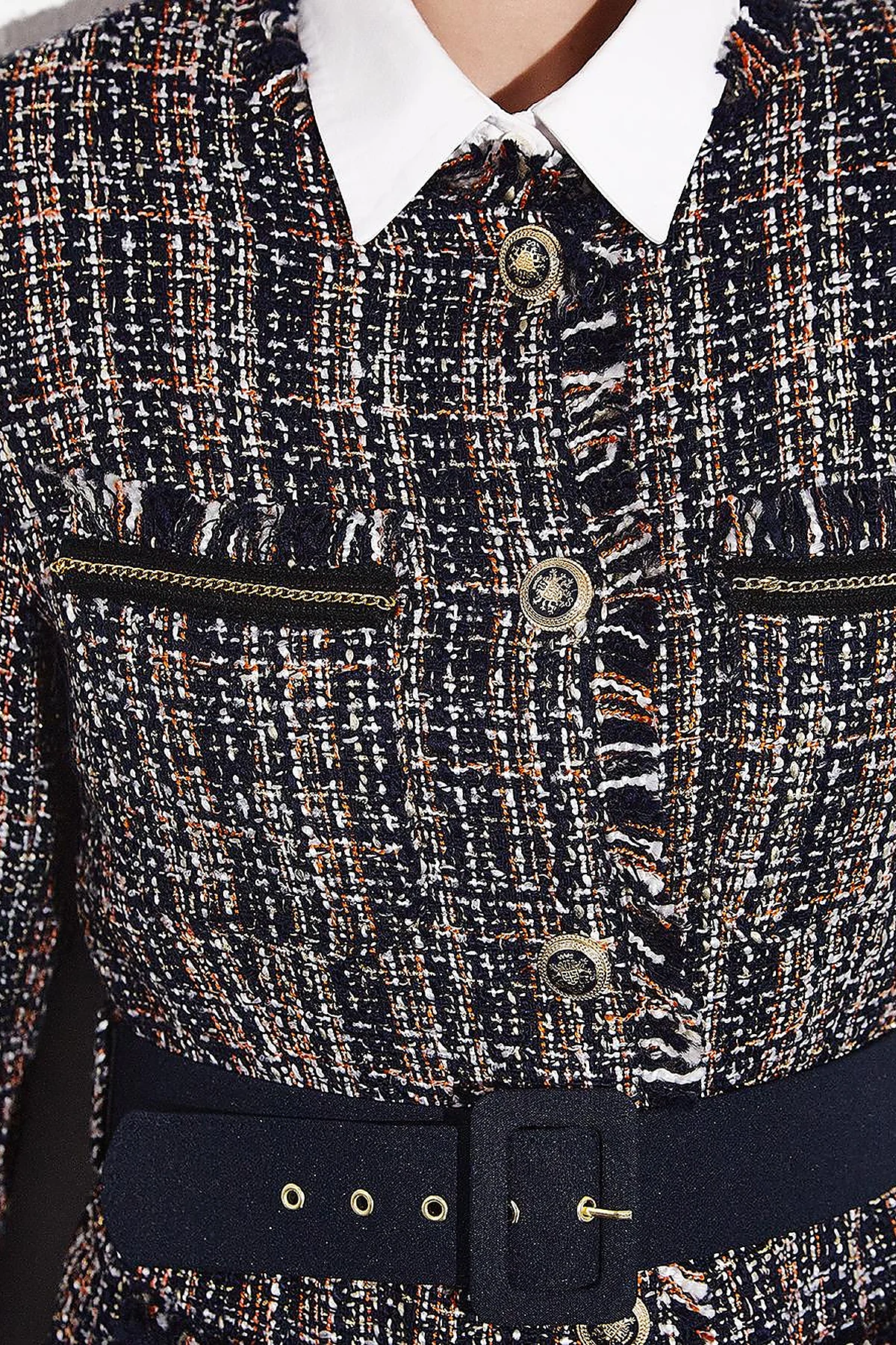 Buttoned Belted Tweed Jacket Navy Blue