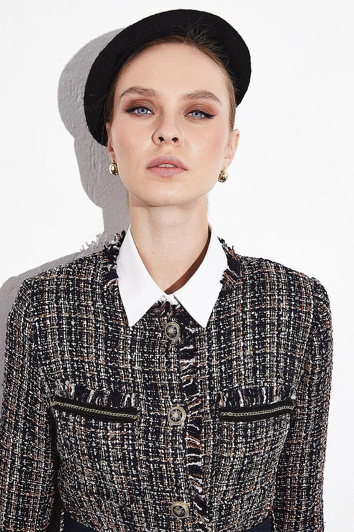 Buttoned Belted Tweed Jacket Navy Blue