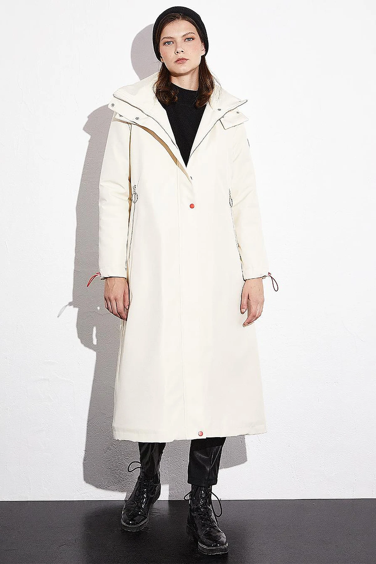 Hooded Stand-up Collar Coat Cream