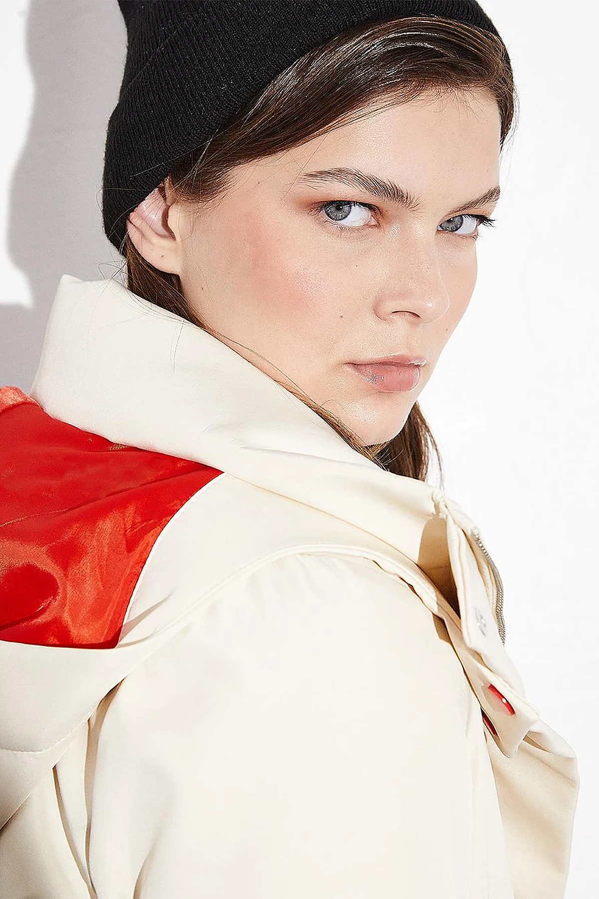 Hooded Stand-up Collar Coat Cream