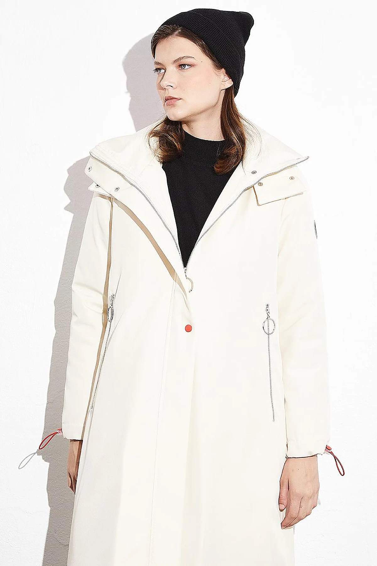 Hooded Stand-up Collar Coat Cream