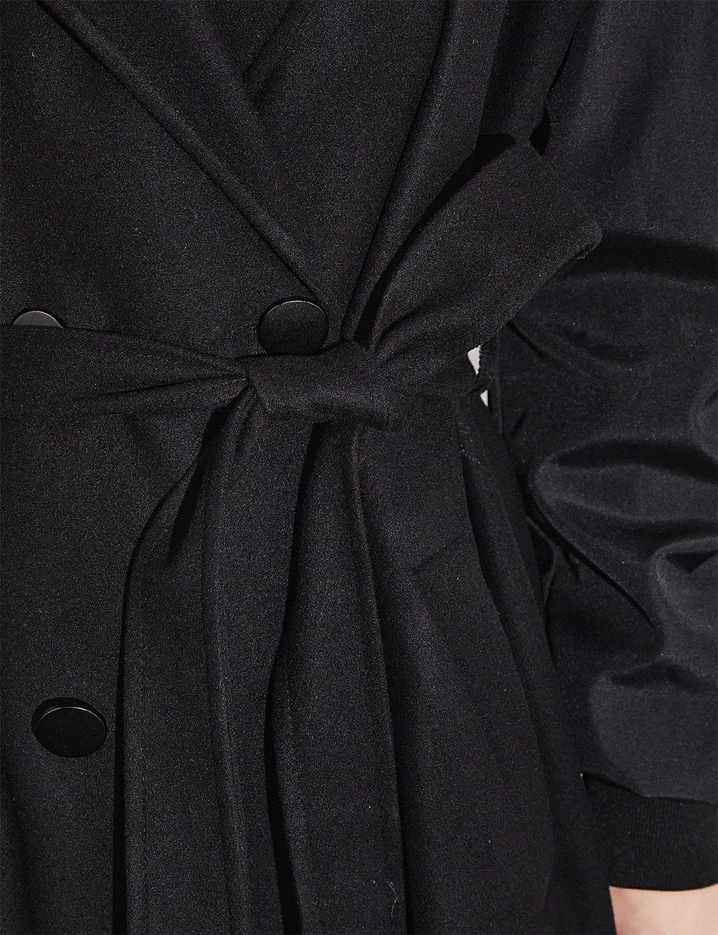 Belted Sleeves Gathered Coat Black