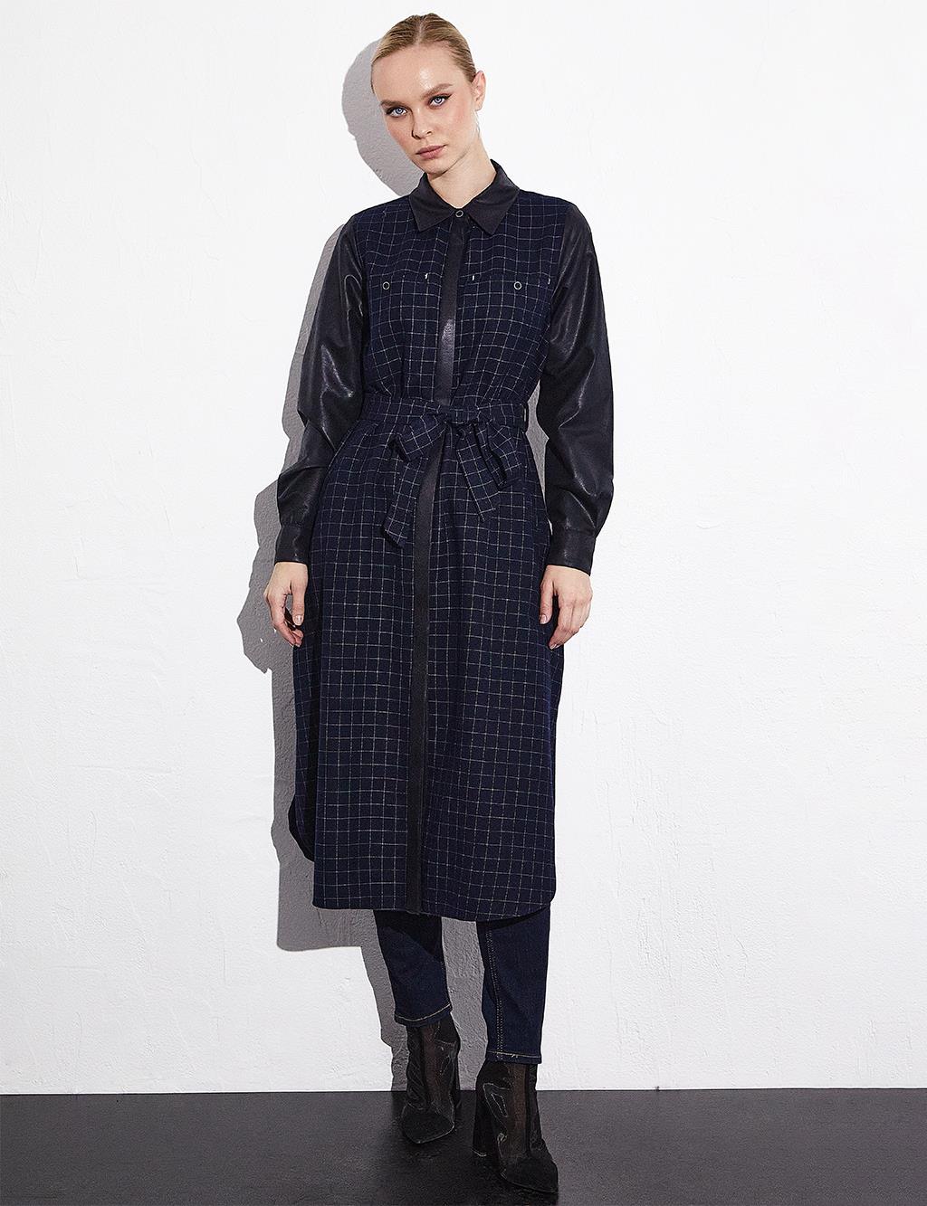 Checkered Faux Leather Garnished Belted Tunic Navy Blue
