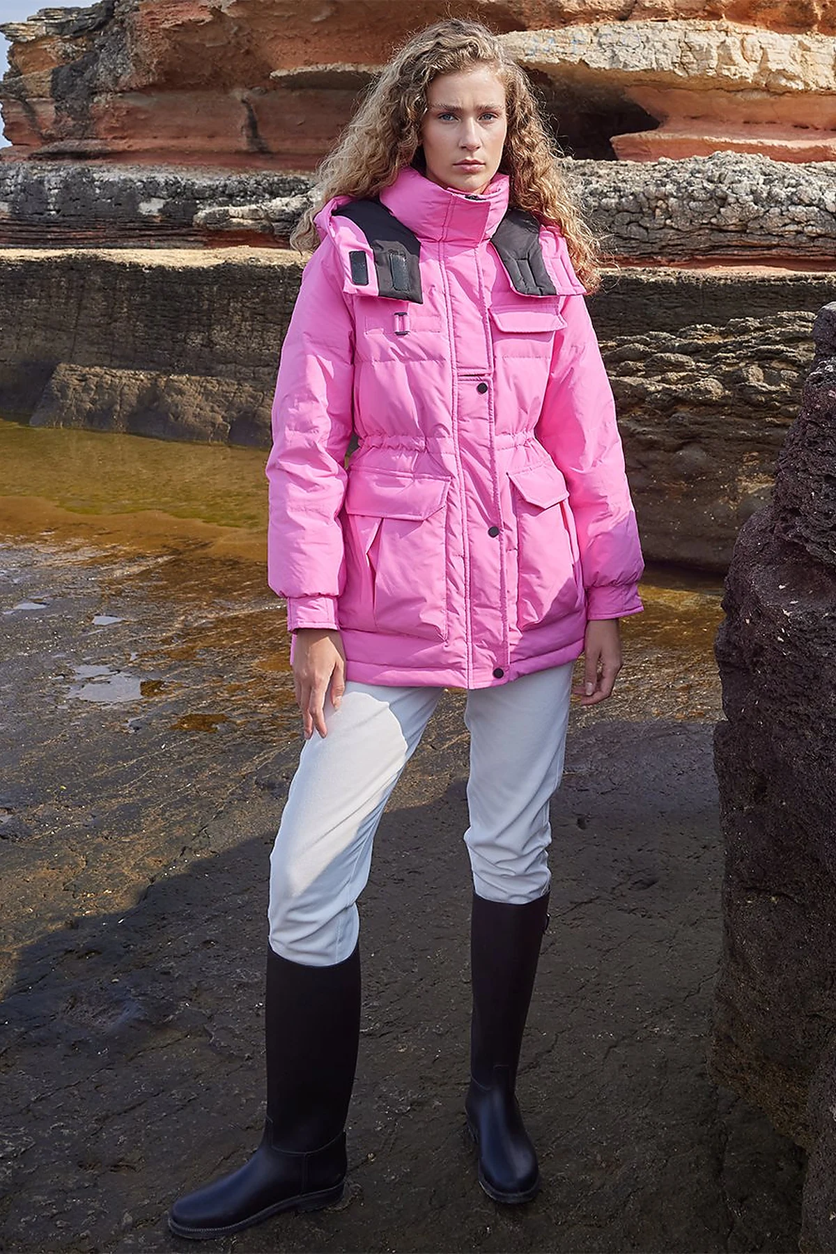 Pocket Detail Stand-up Collar Goose Feather Coat Pink