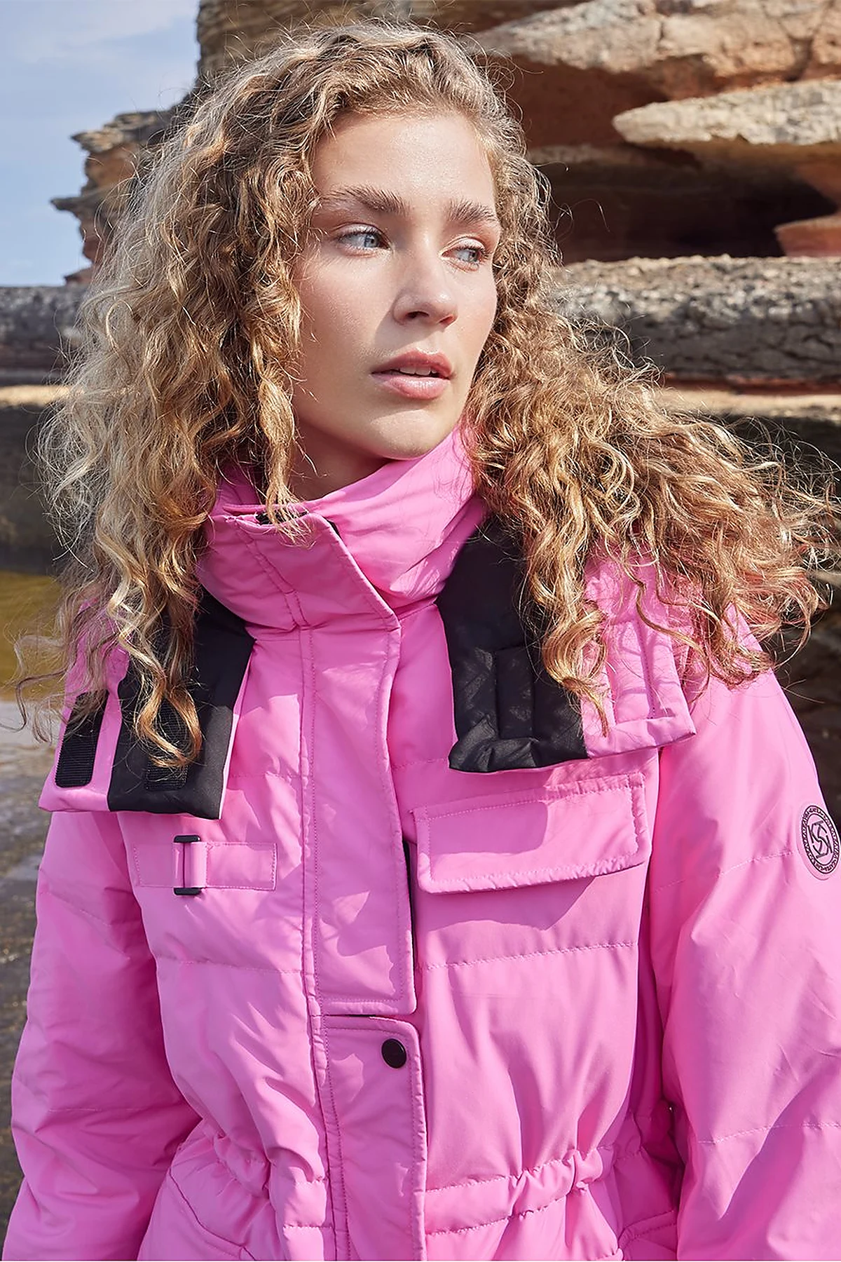 Pocket Detail Stand-up Collar Goose Feather Coat Pink