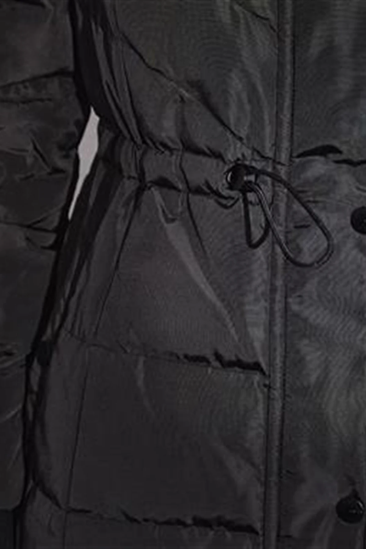 Black Long Goose Down Puffer Coat with Drawstring Waist