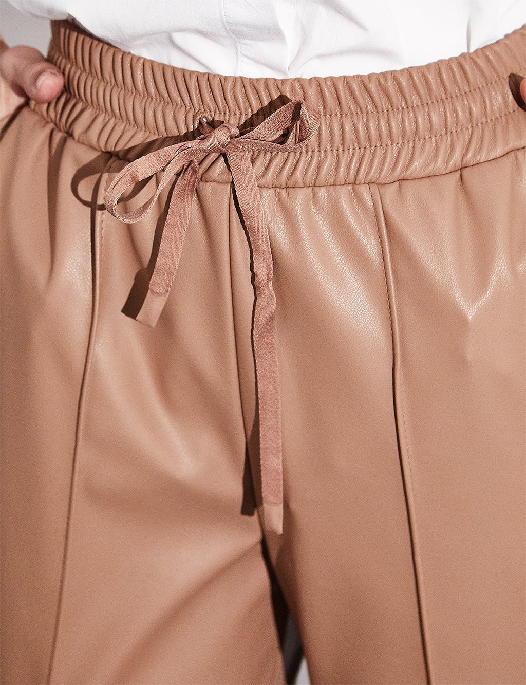 Waist Elastic Faux Leather Trousers Sand Beige