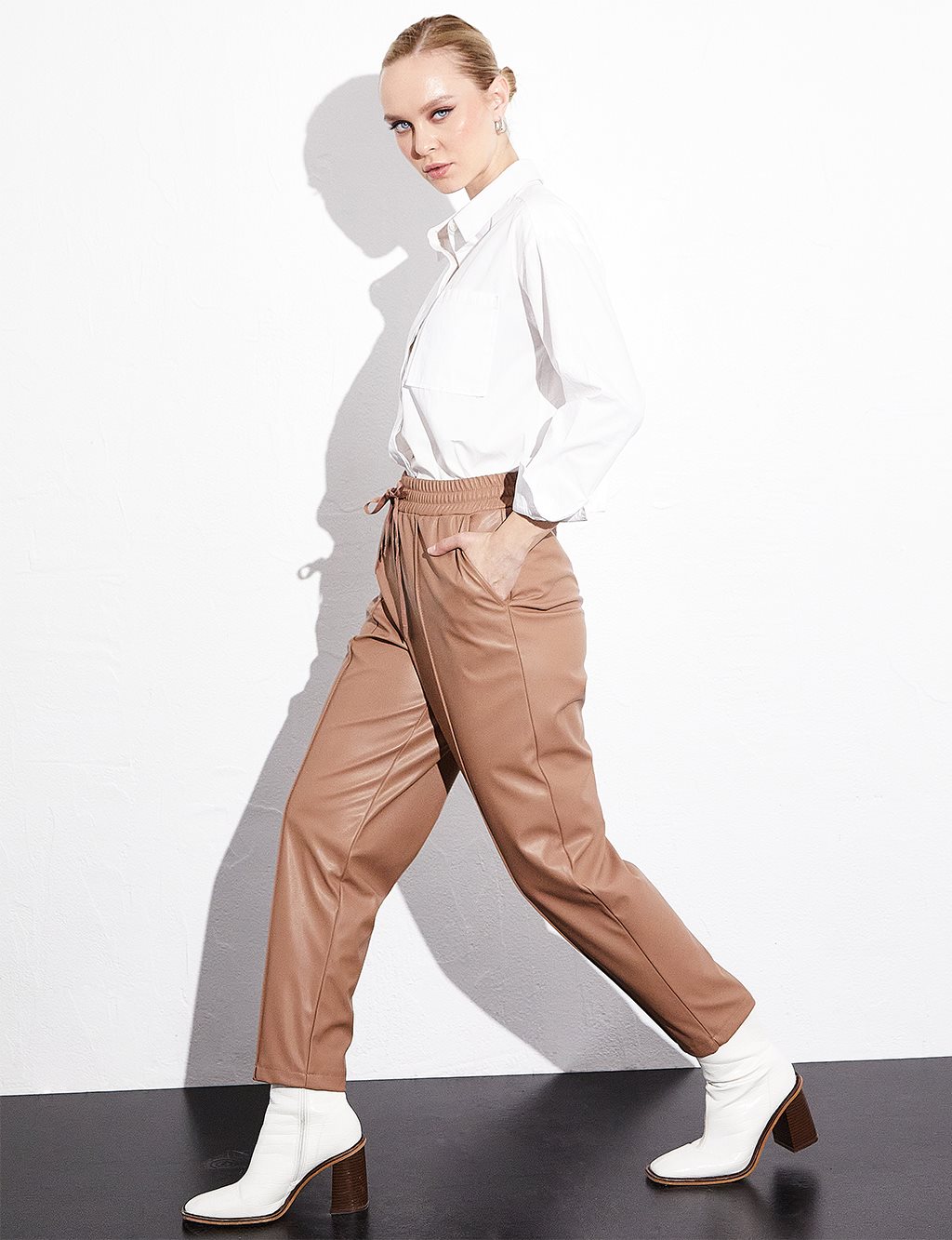 Waist Elastic Faux Leather Trousers Sand Beige