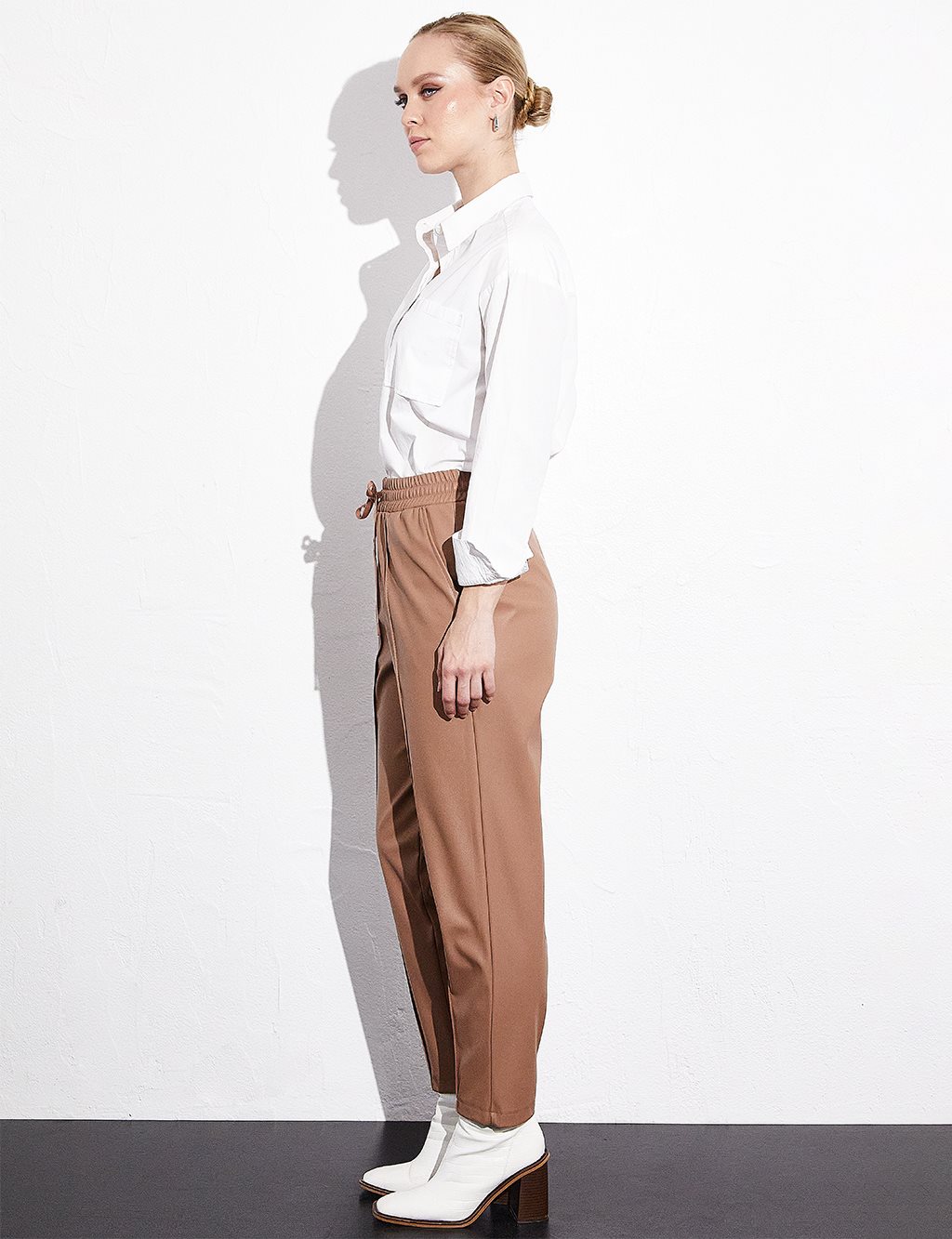 Waist Elastic Faux Leather Trousers Sand Beige