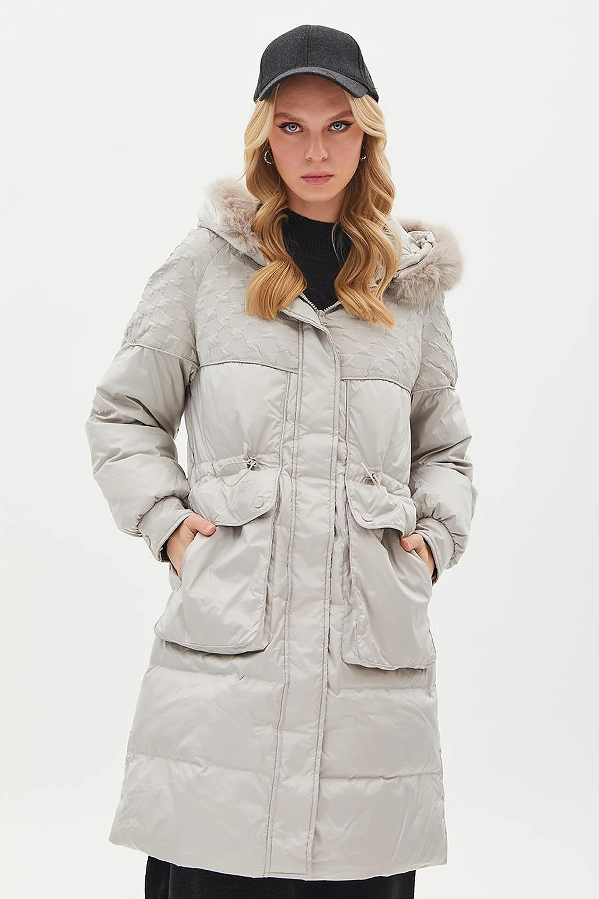 Faux Fur Fabric Garnished Goose Down Coat Light Gray