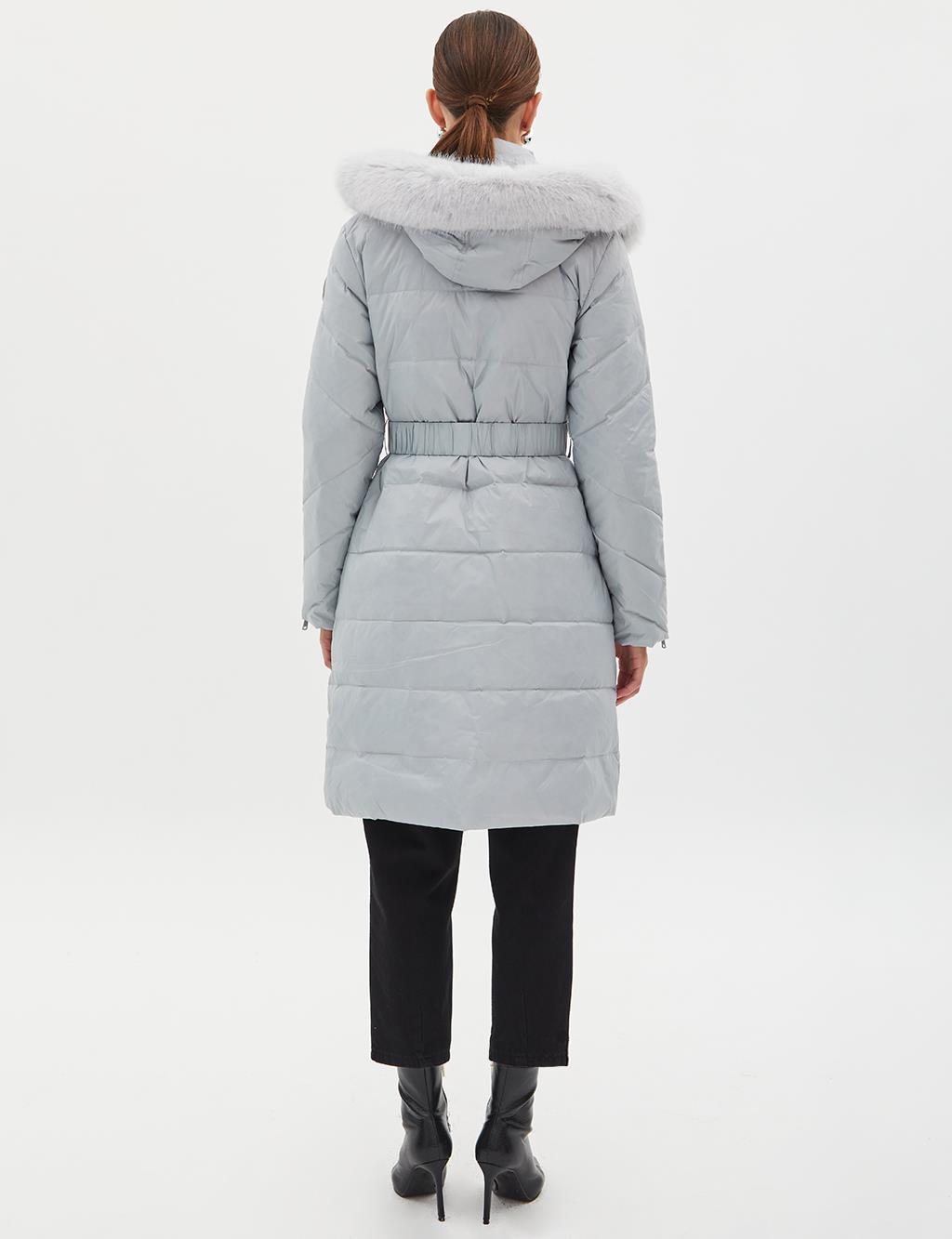 Removable Hooded Goose Down Coat Light Gray