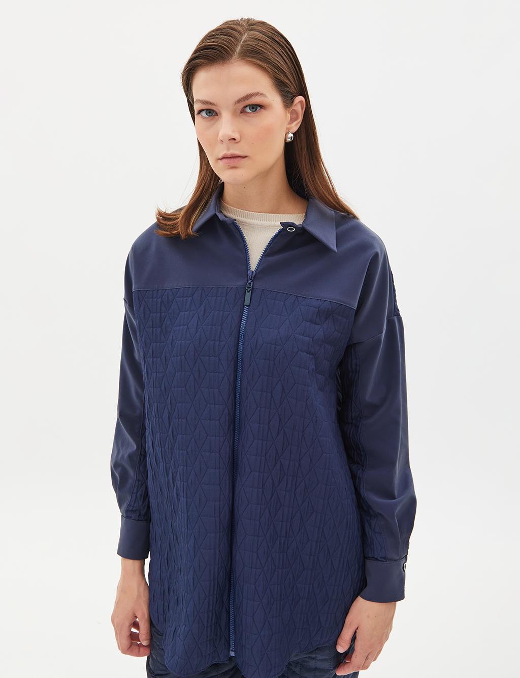 Iconic Textured Zipper Blouse Navy Blue