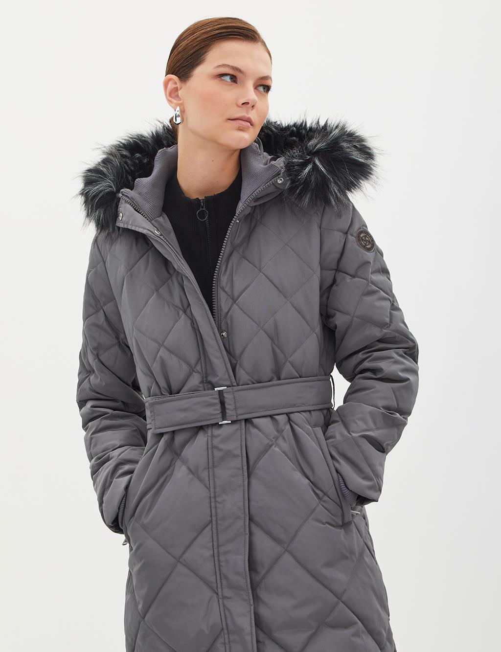 Diamond Patterned Faux Fur Goose Down Coat Smoked