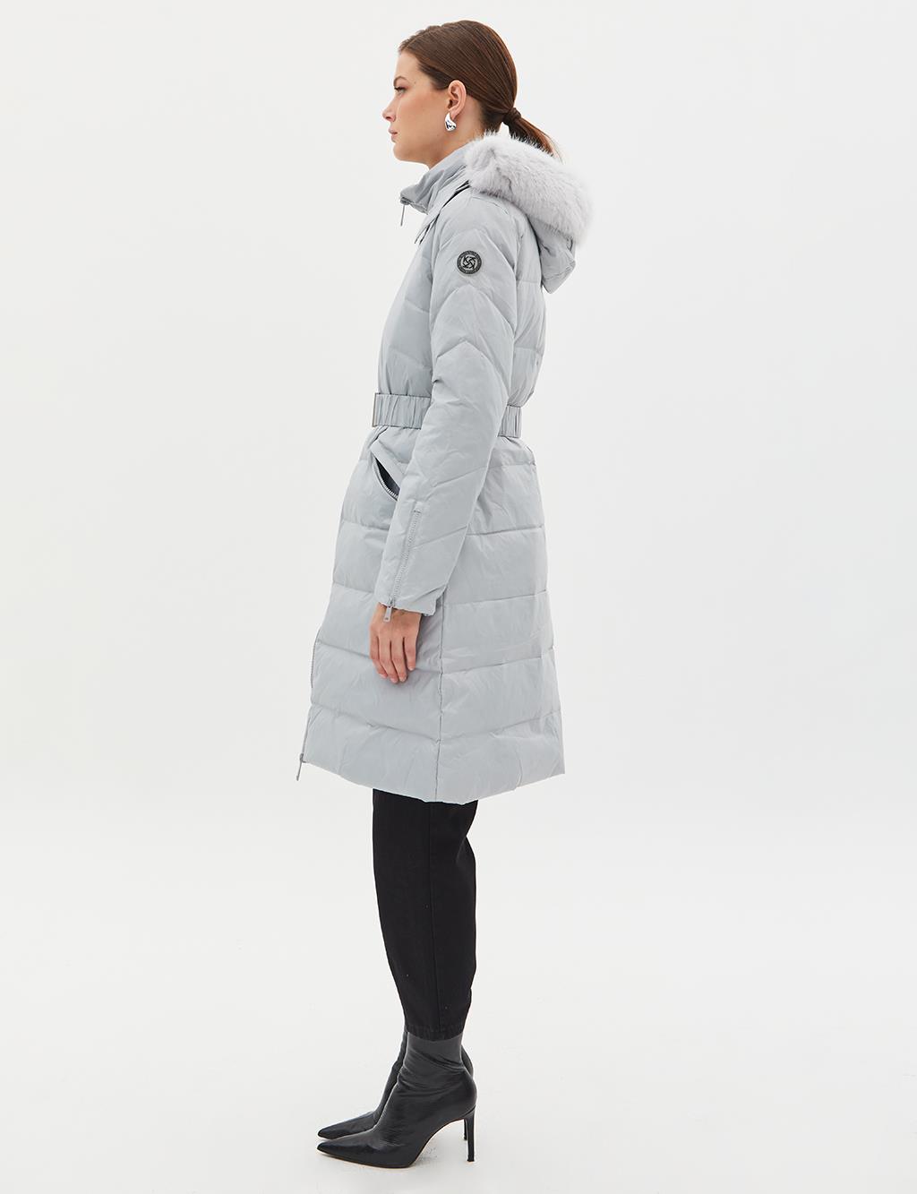 Removable Hooded Goose Down Coat Light Gray