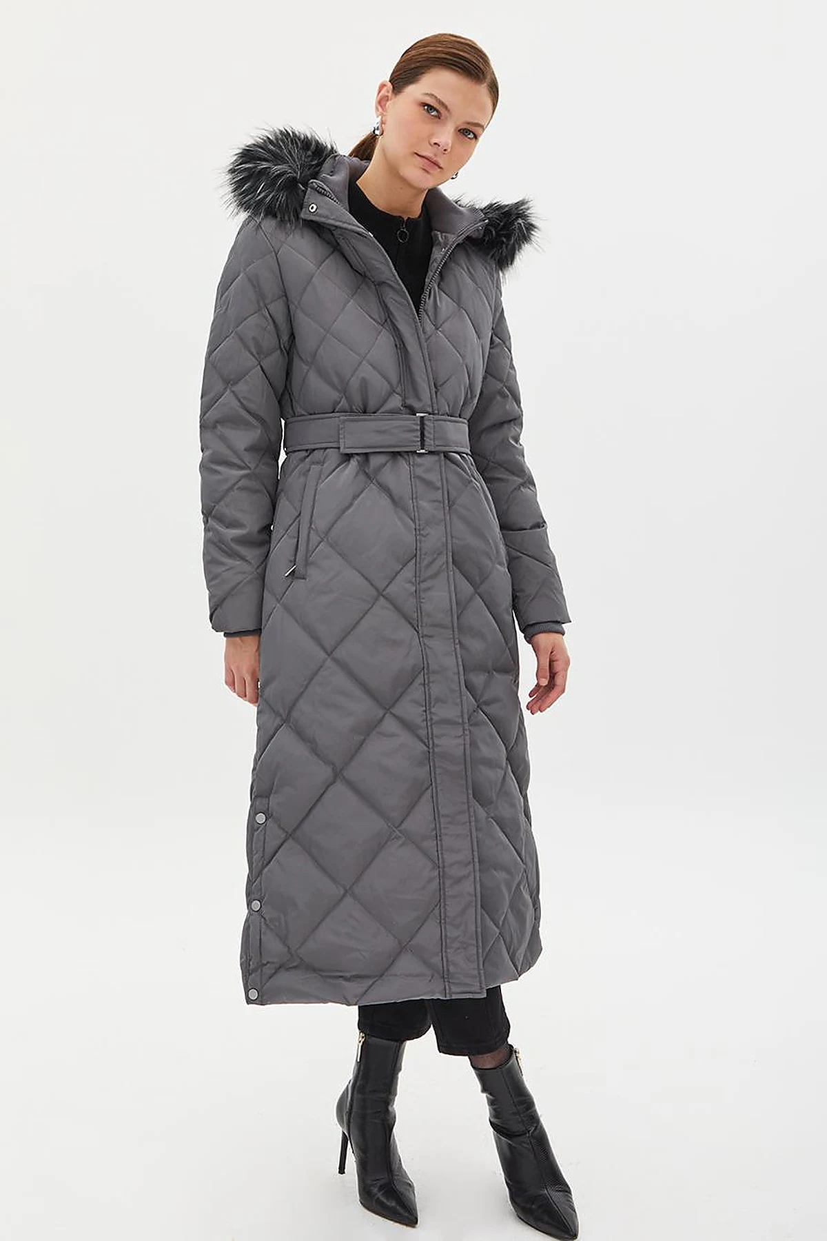 Diamond Patterned Faux Fur Goose Down Coat Smoked
