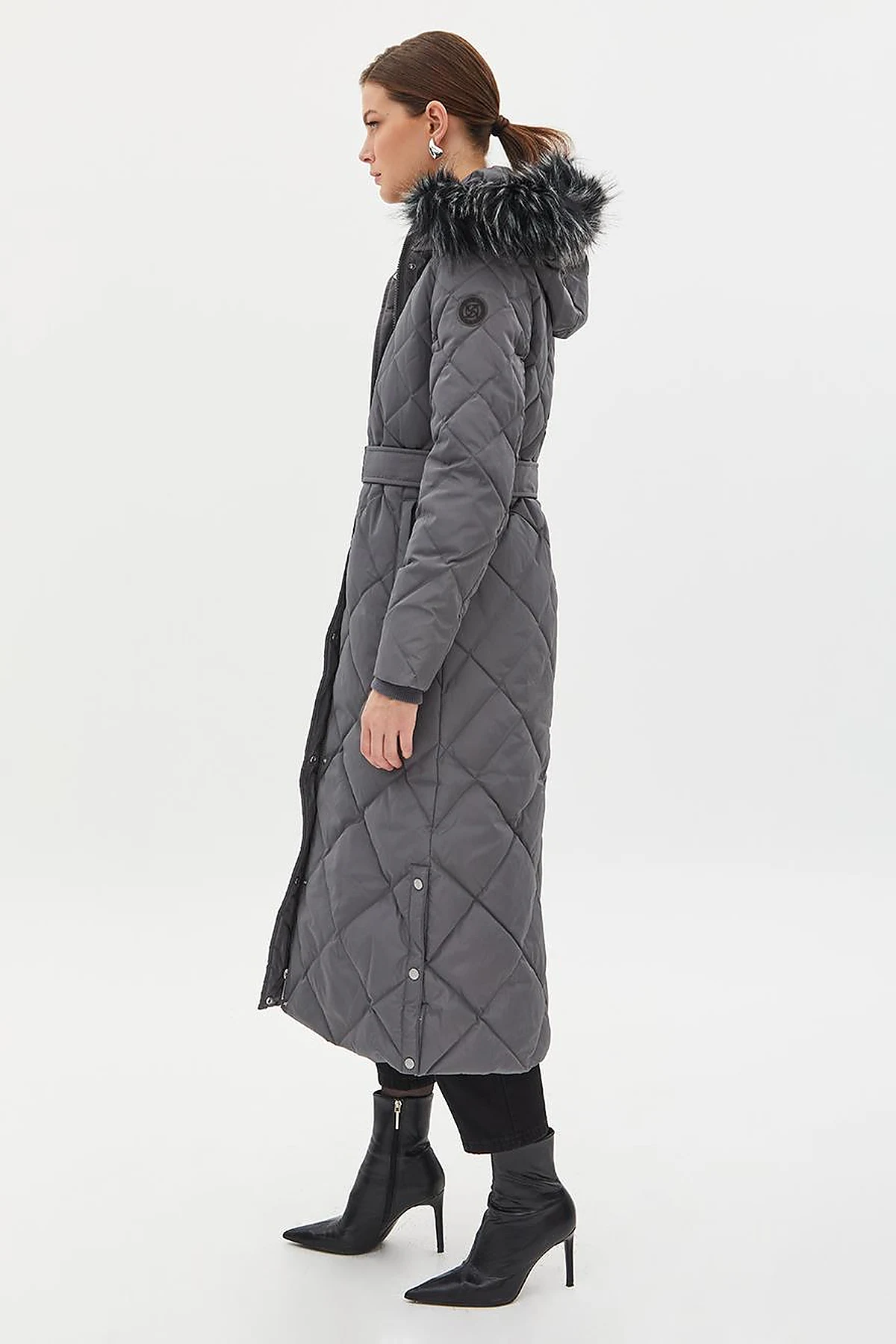 Diamond Patterned Faux Fur Goose Down Coat Smoked