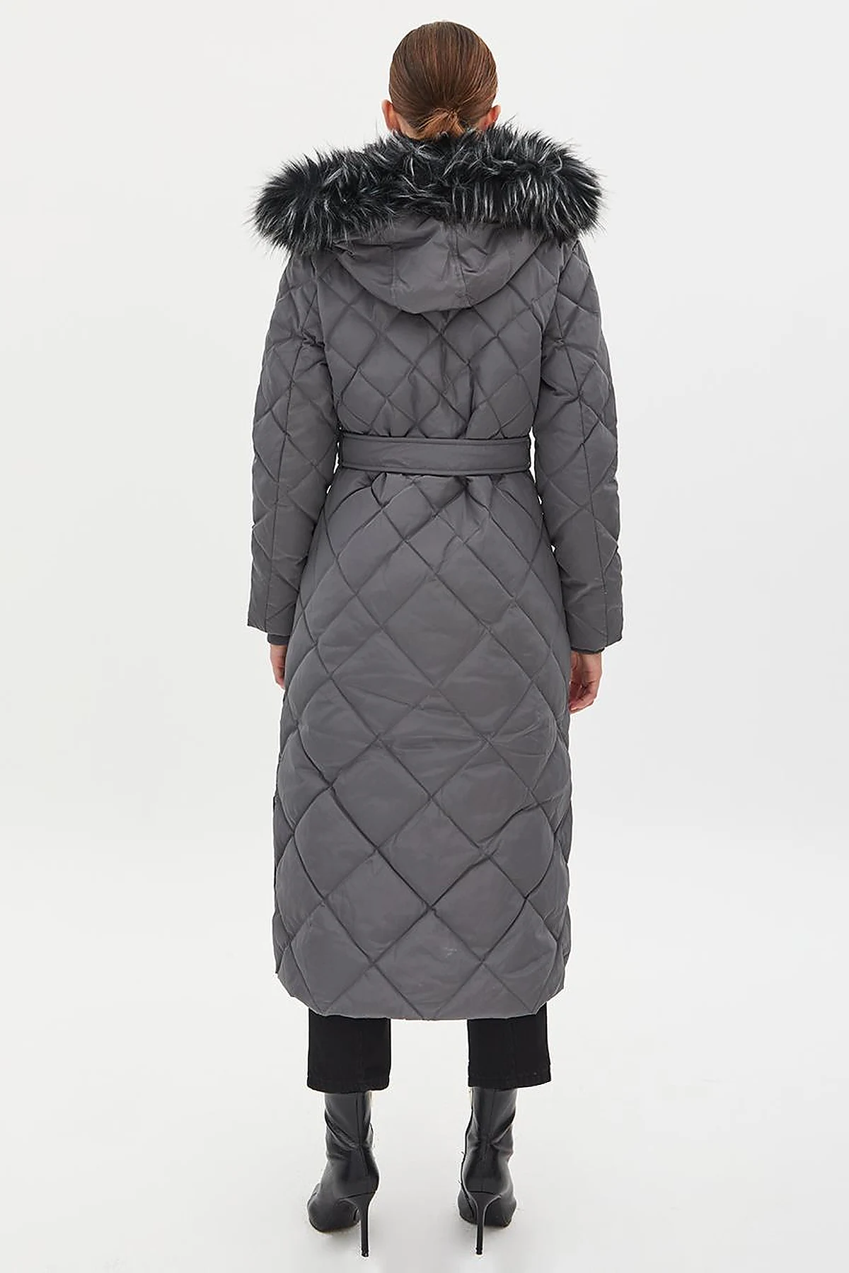 Diamond Patterned Faux Fur Goose Down Coat Smoked
