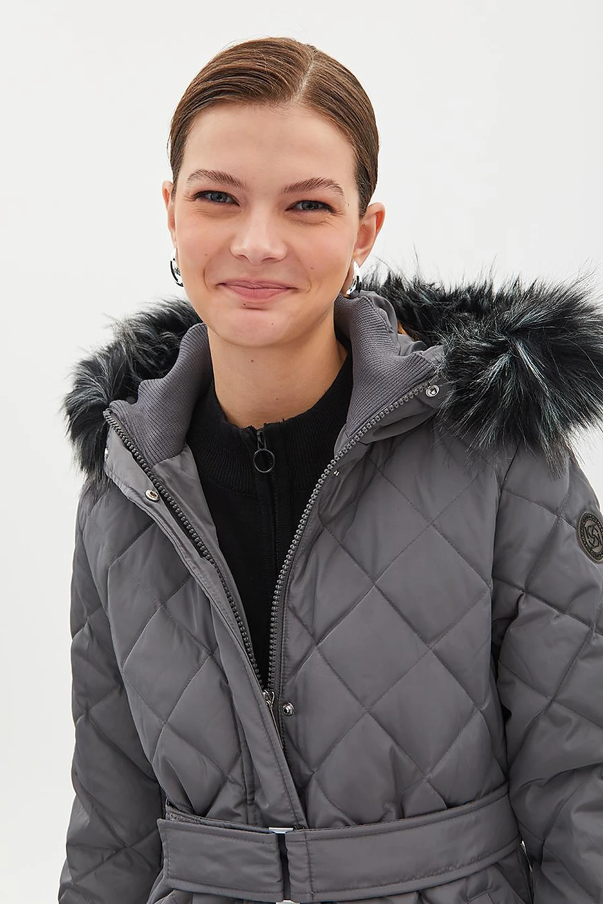 Diamond Patterned Faux Fur Goose Down Coat Smoked