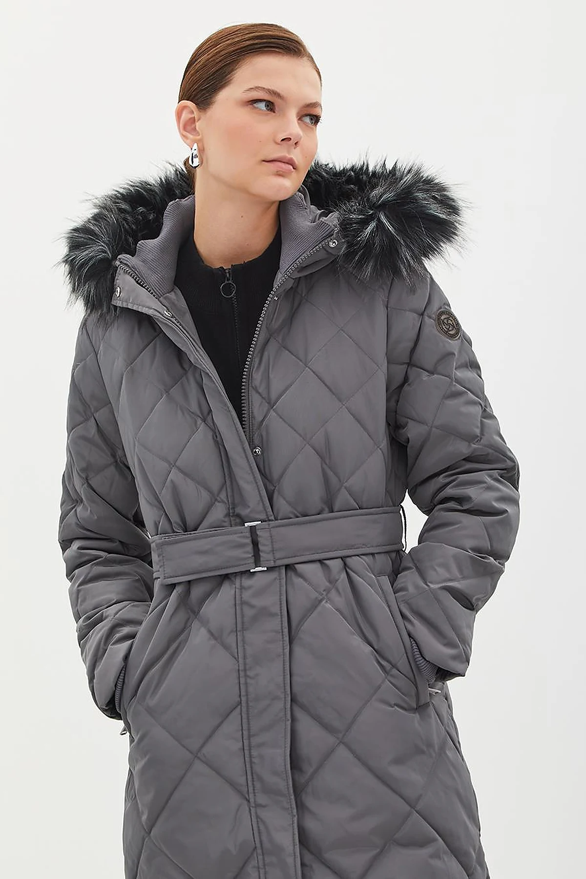 Diamond Patterned Faux Fur Goose Down Coat Smoked