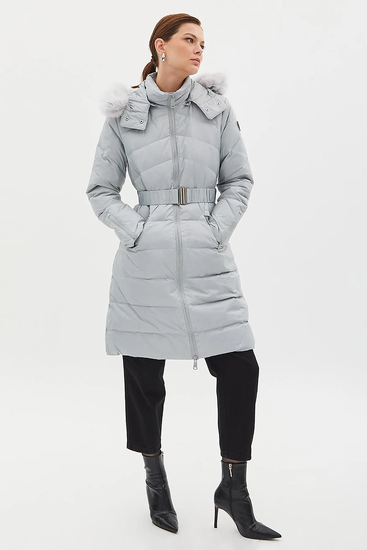 Removable Hooded Goose Down Coat Light Gray