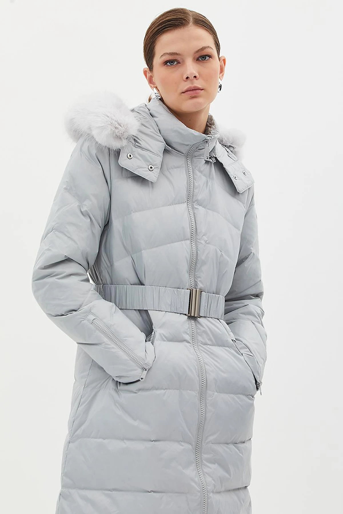 Removable Hooded Goose Down Coat Light Gray