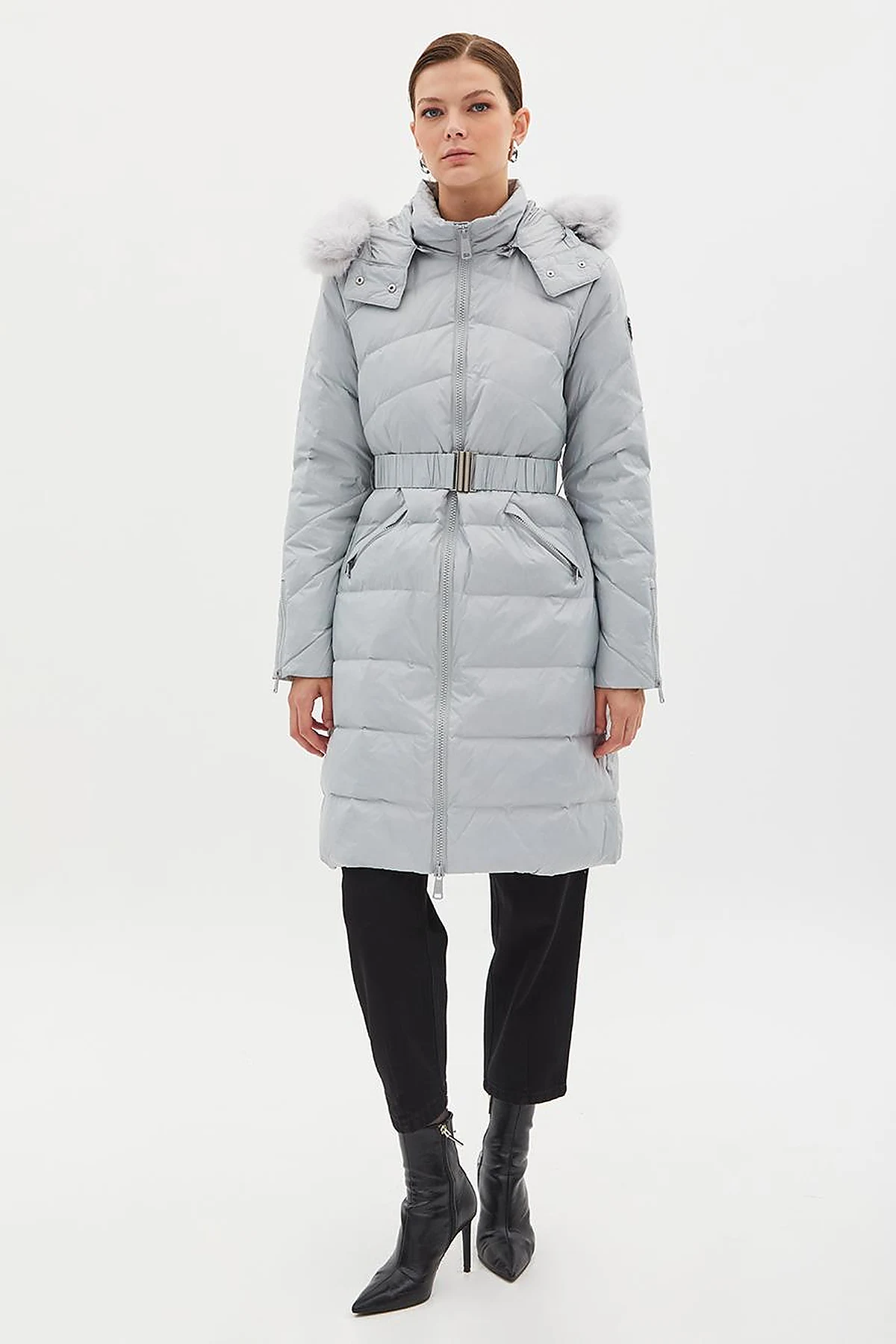 Removable Hooded Goose Down Coat Light Gray
