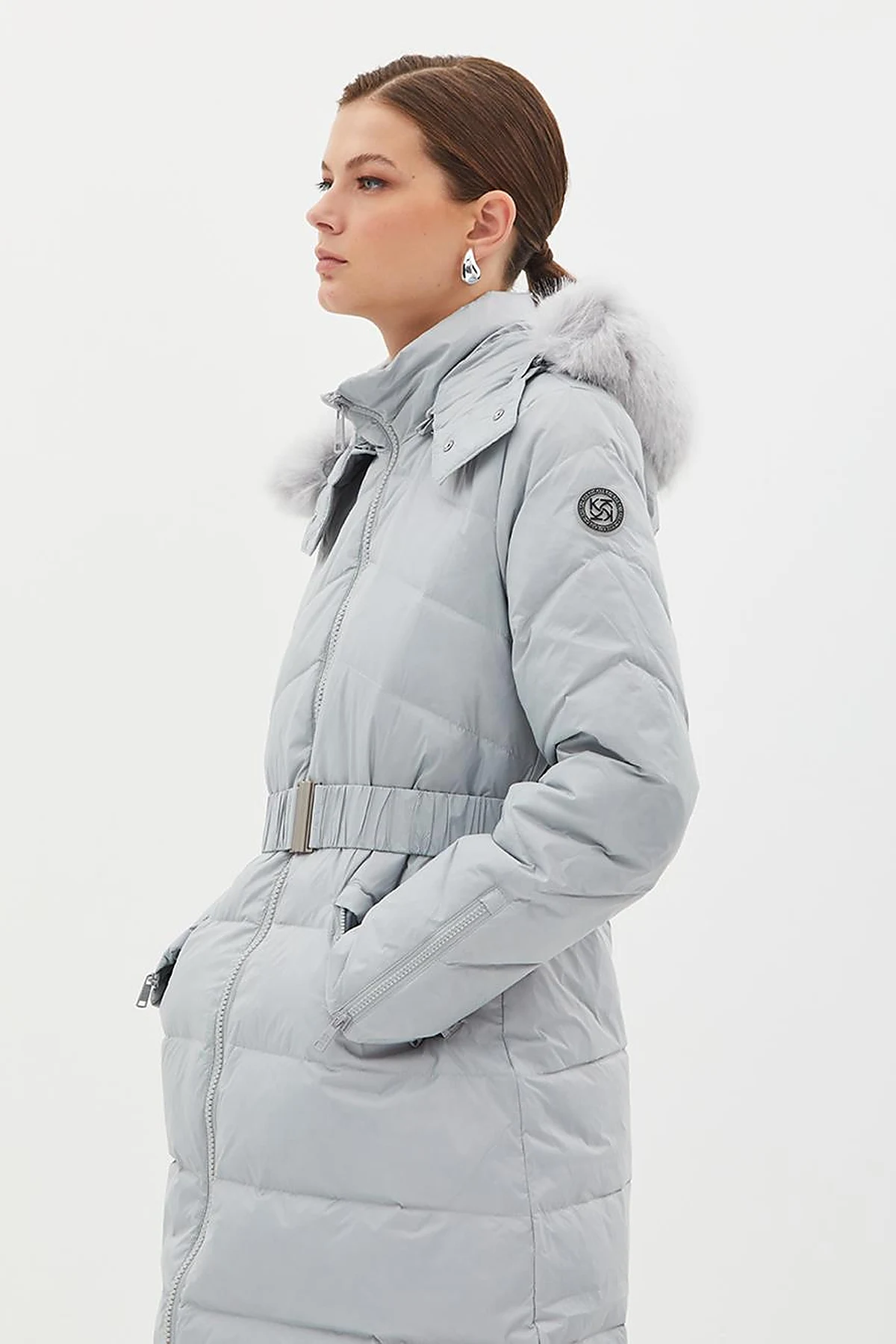 Removable Hooded Goose Down Coat Light Gray