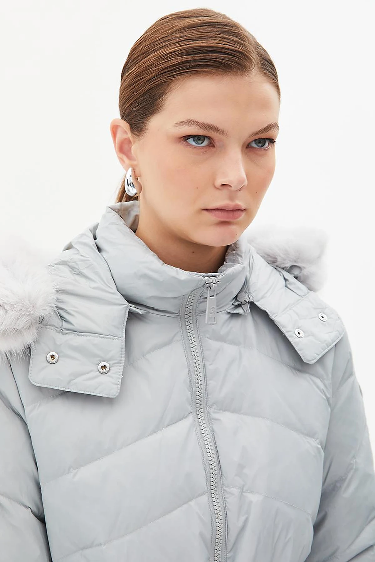 Removable Hooded Goose Down Coat Light Gray