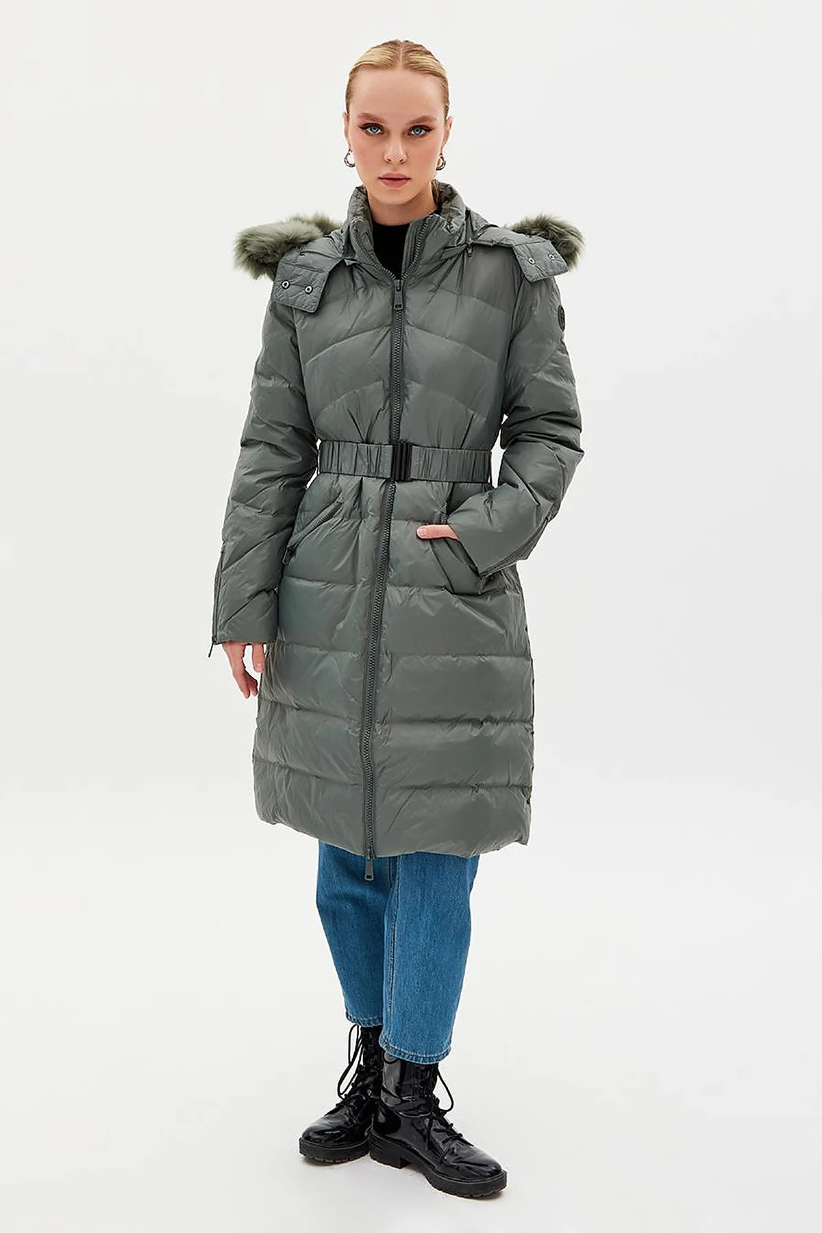 Removable Hooded Goose Down Coat Mold Green