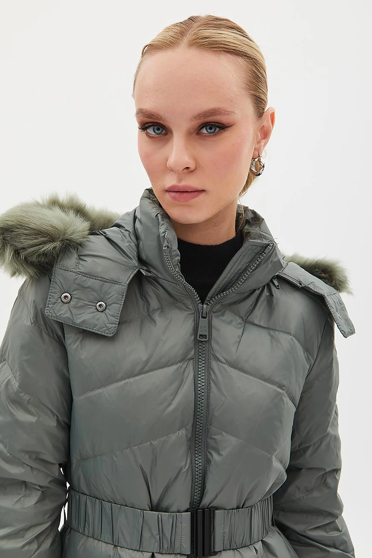 Removable Hooded Goose Down Coat Mold Green