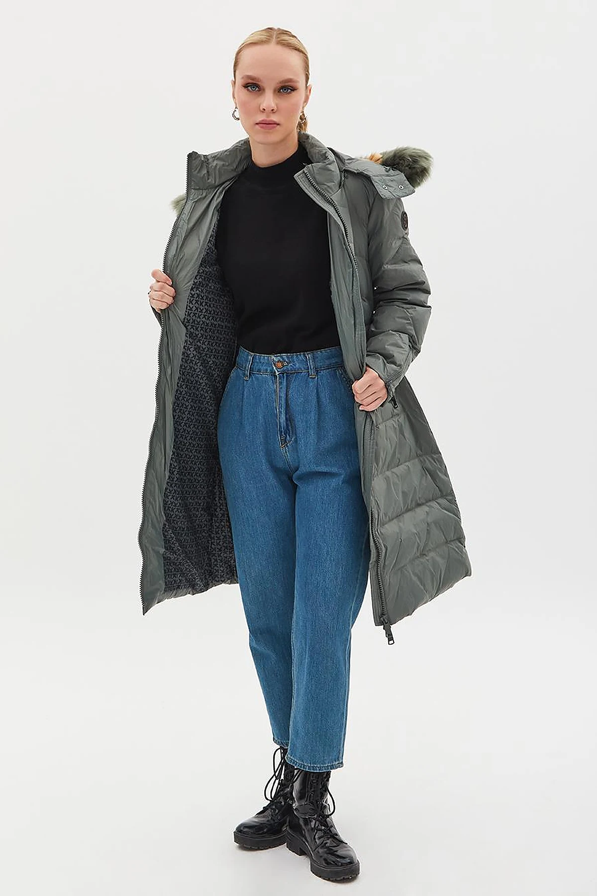 Removable Hooded Goose Down Coat Mold Green
