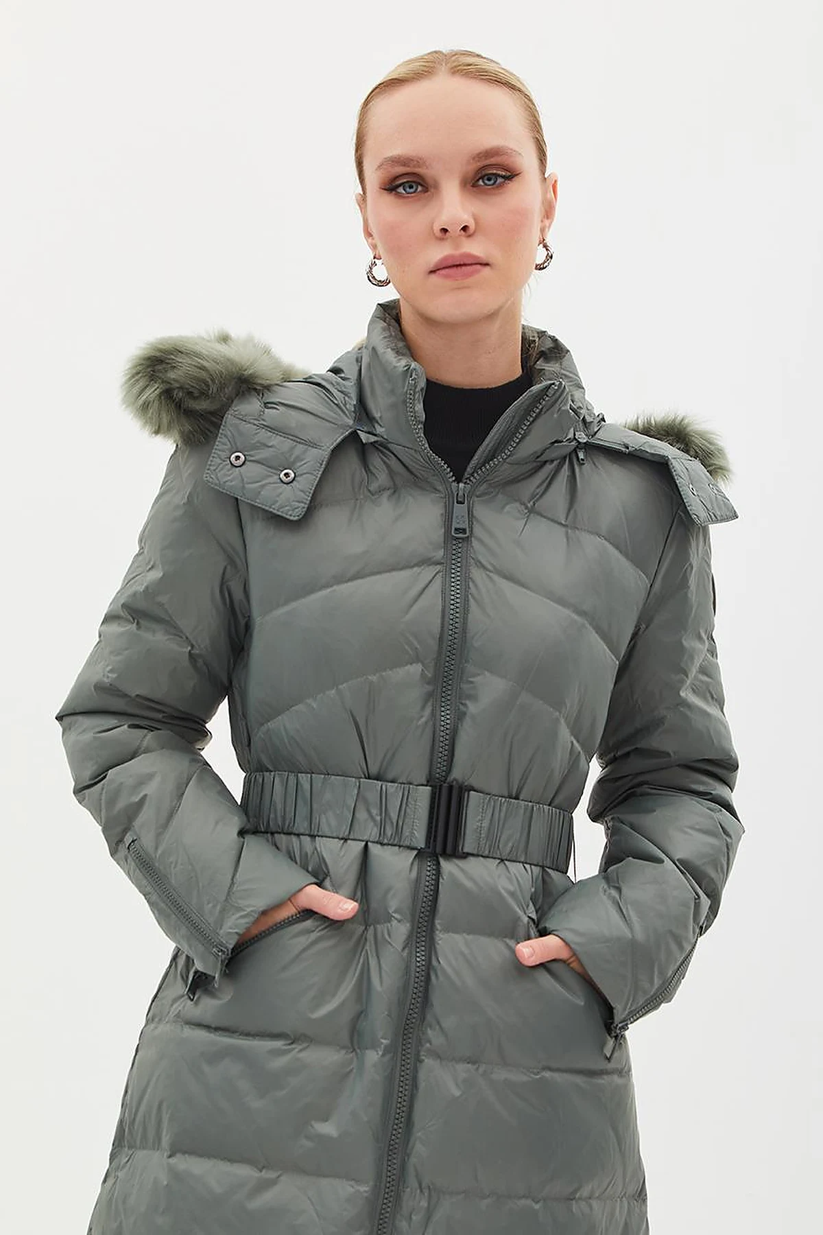 Removable Hooded Goose Down Coat Mold Green