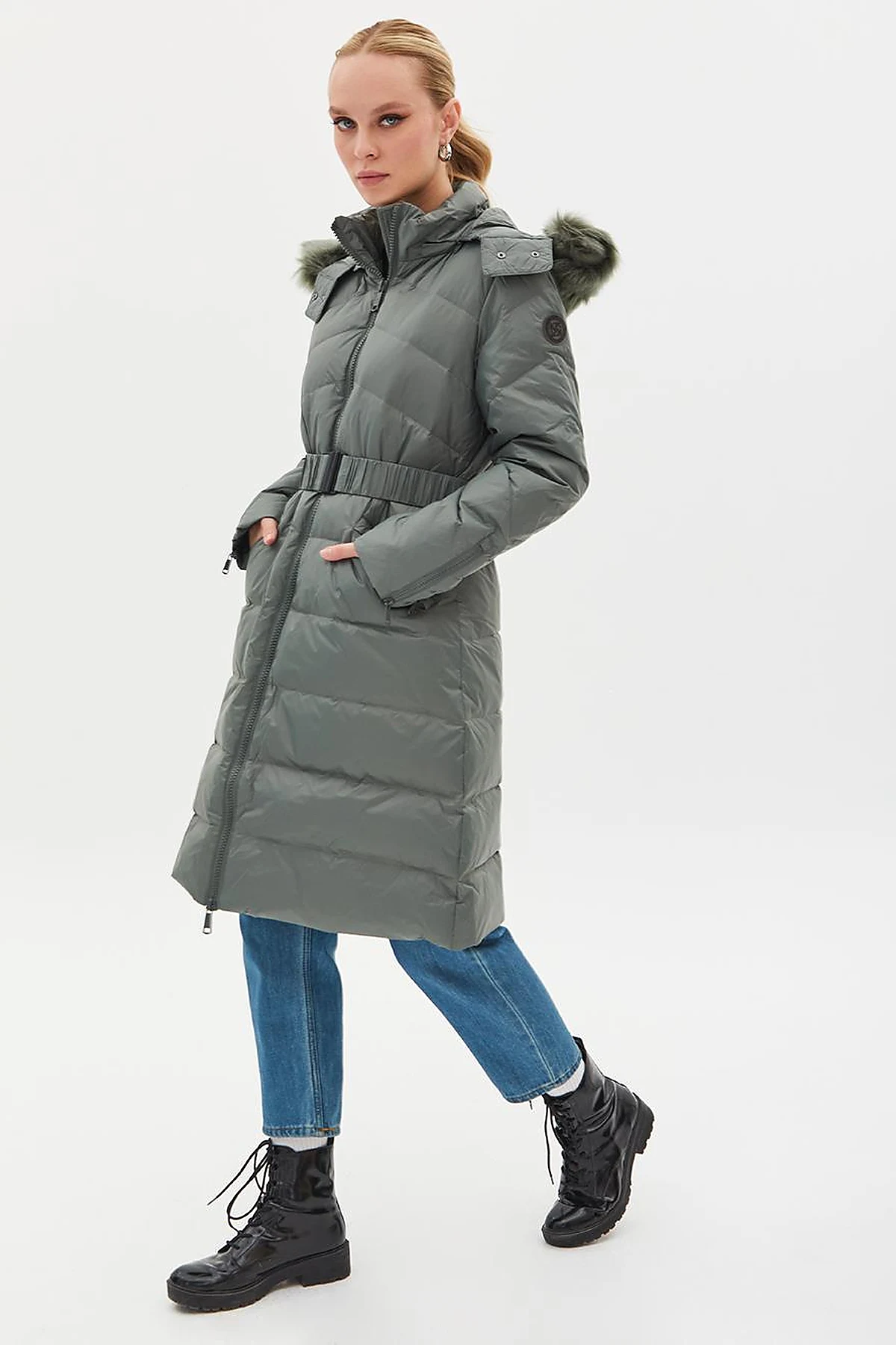 Removable Hooded Goose Down Coat Mold Green