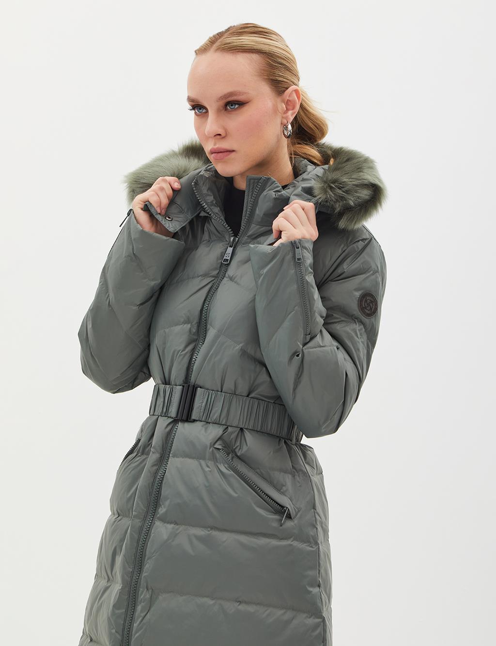 Removable Hooded Goose Down Coat Mold Green