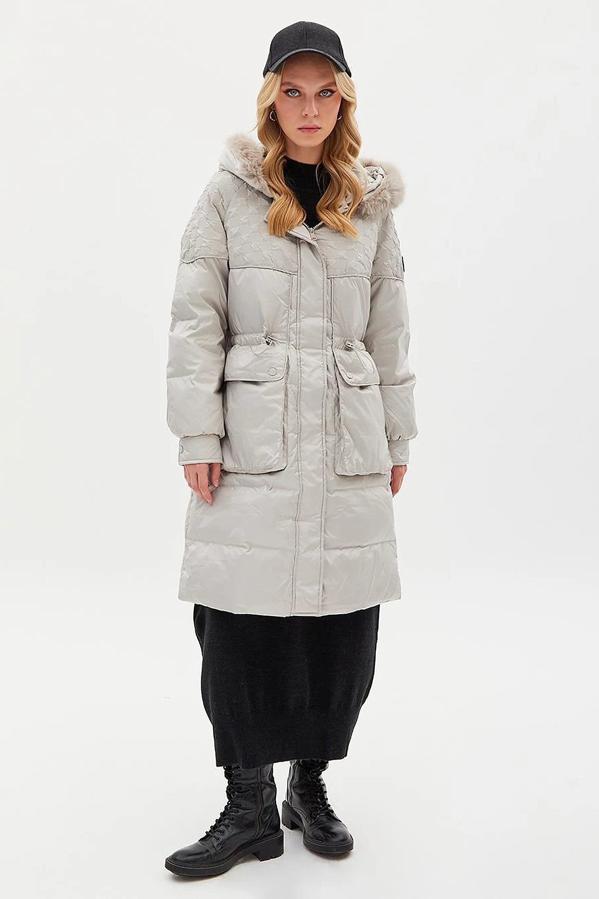 Faux Fur Fabric Garnished Goose Down Coat Light Gray