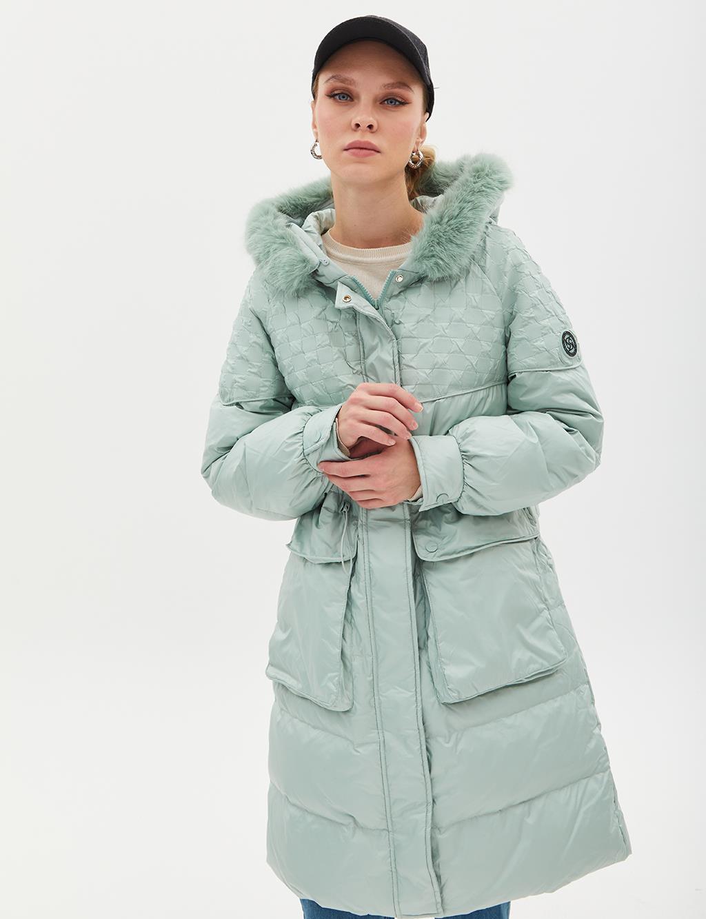 Faux Fur Fabric Garnished Goose Feather Coat Mint