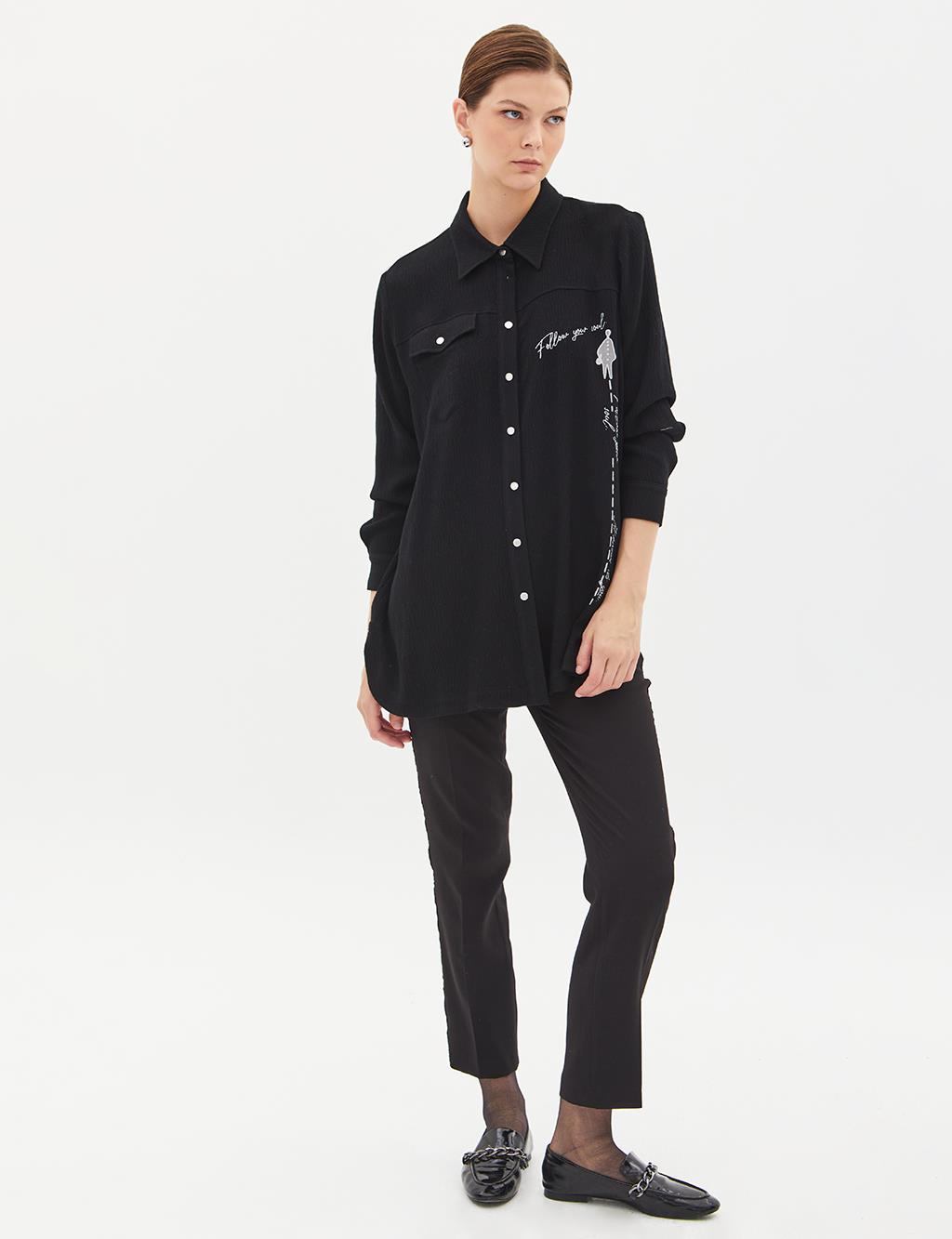 Text Printed Buttoned Blouse Black