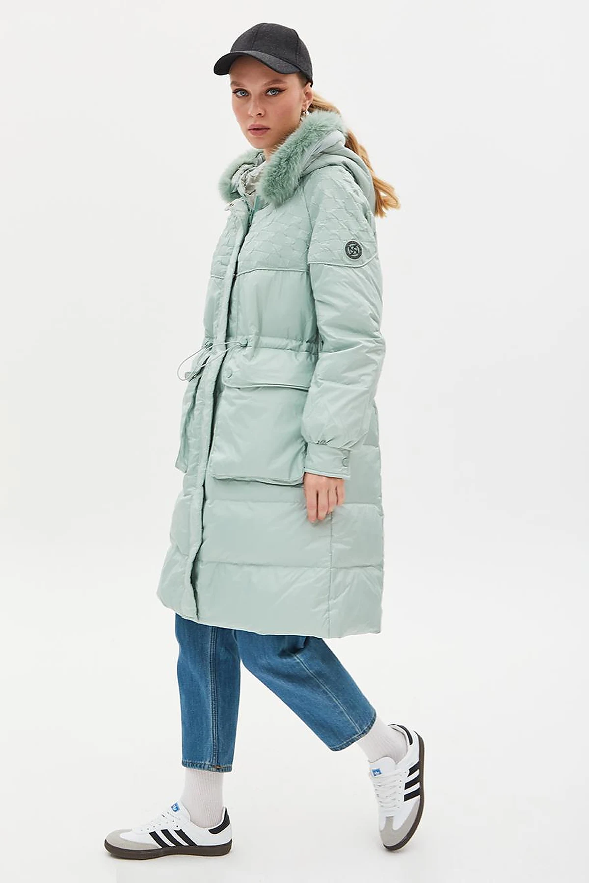 Faux Fur Fabric Garnished Goose Feather Coat Mint
