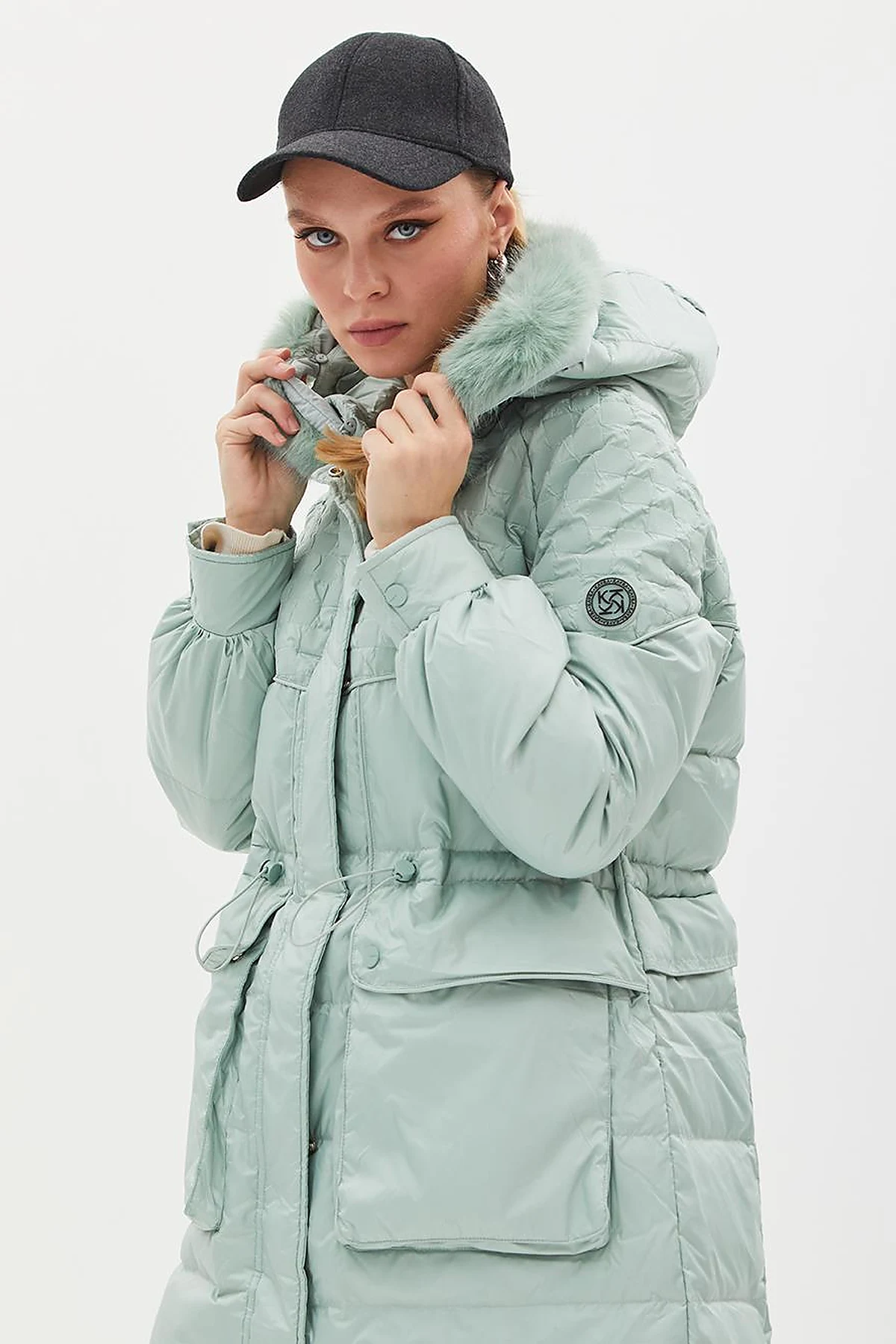 Faux Fur Fabric Garnished Goose Feather Coat Mint