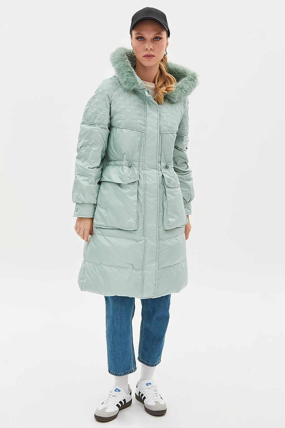 Faux Fur Fabric Garnished Goose Feather Coat Mint