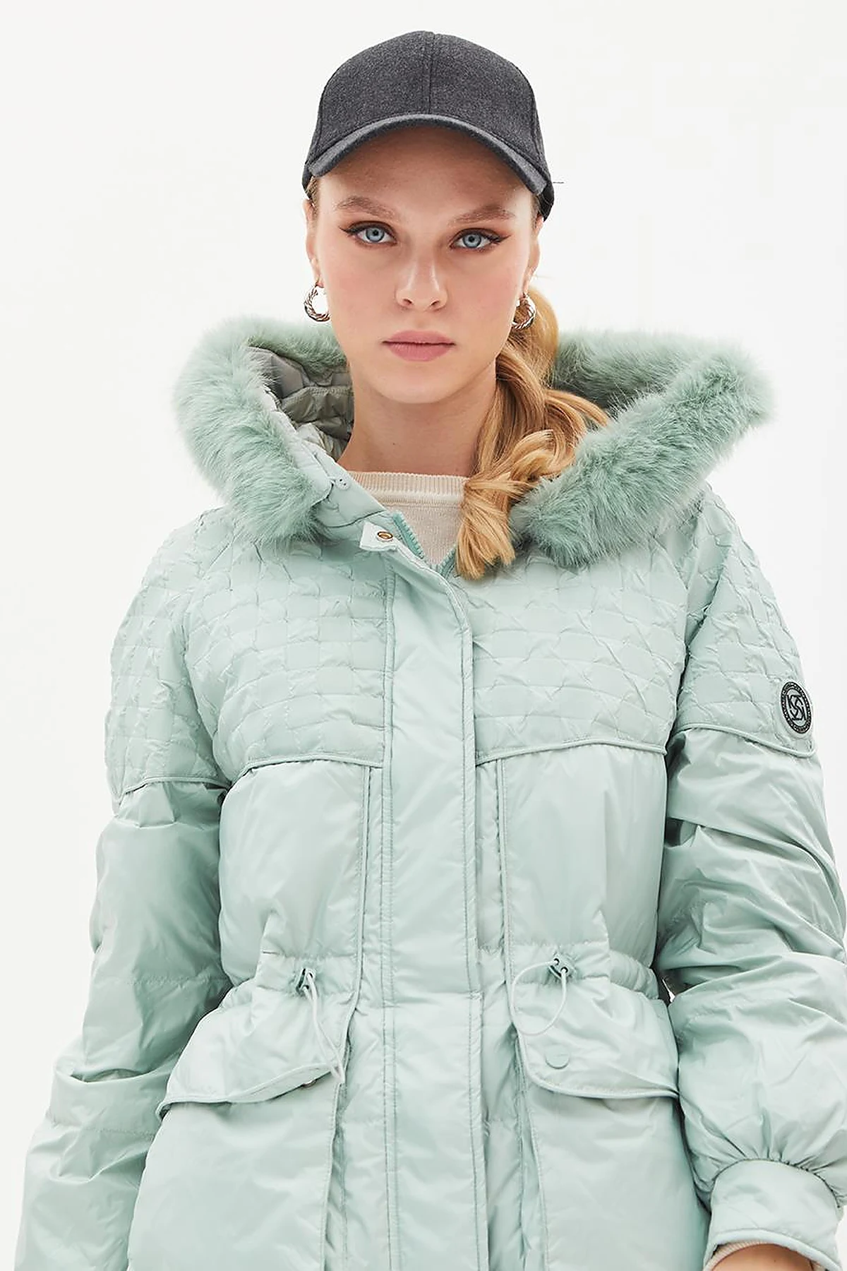 Faux Fur Fabric Garnished Goose Feather Coat Mint