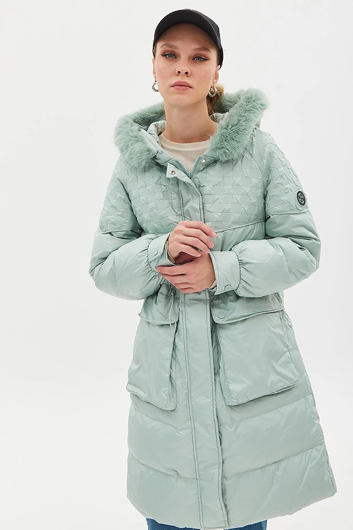 Faux Fur Fabric Garnished Goose Feather Coat Mint