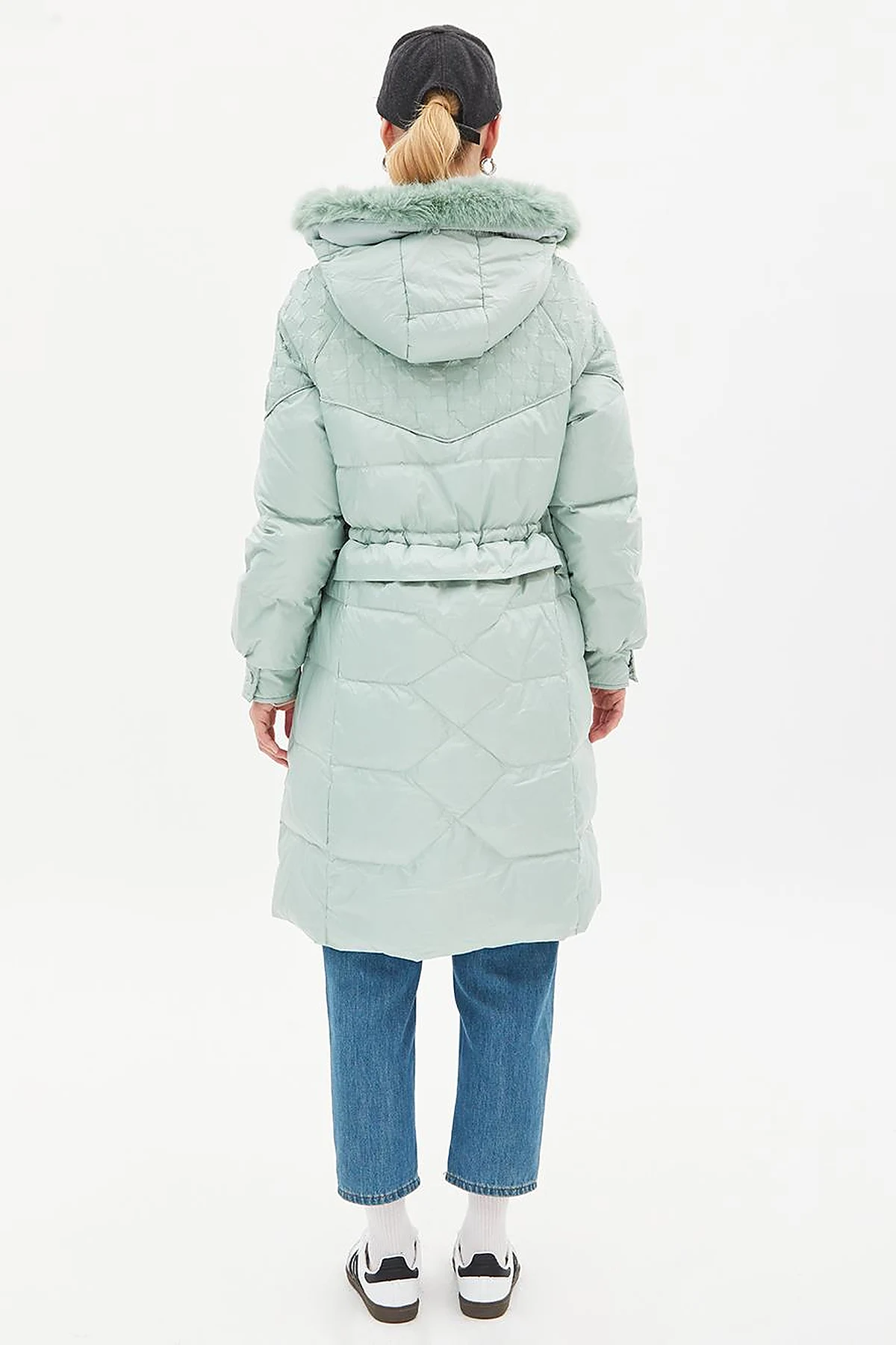 Faux Fur Fabric Garnished Goose Feather Coat Mint