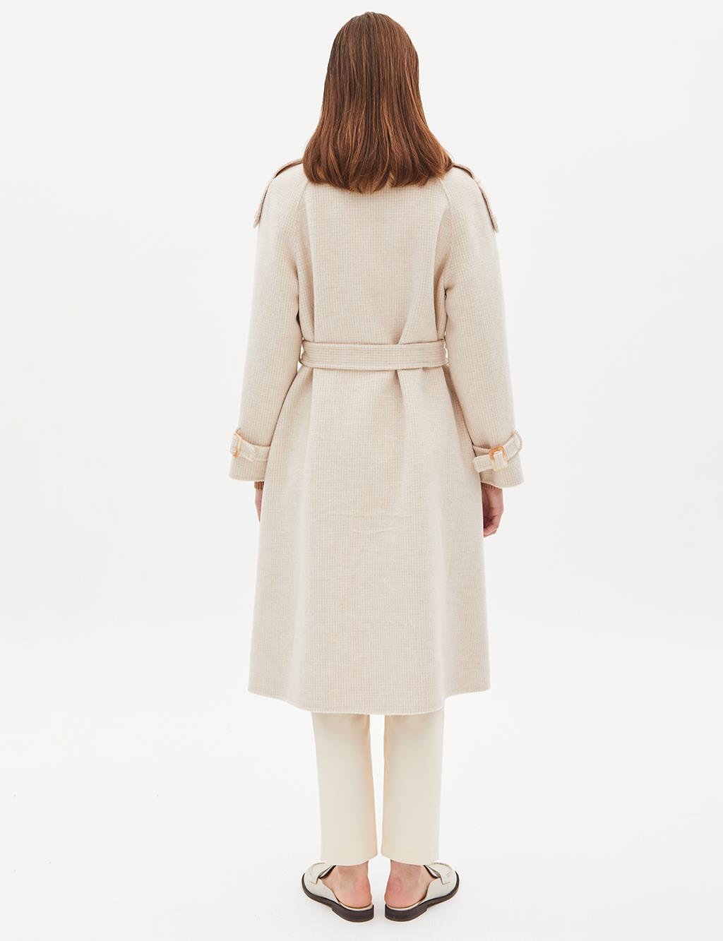 Premium High Collar Double Breasted Belted Stash Coat Cream