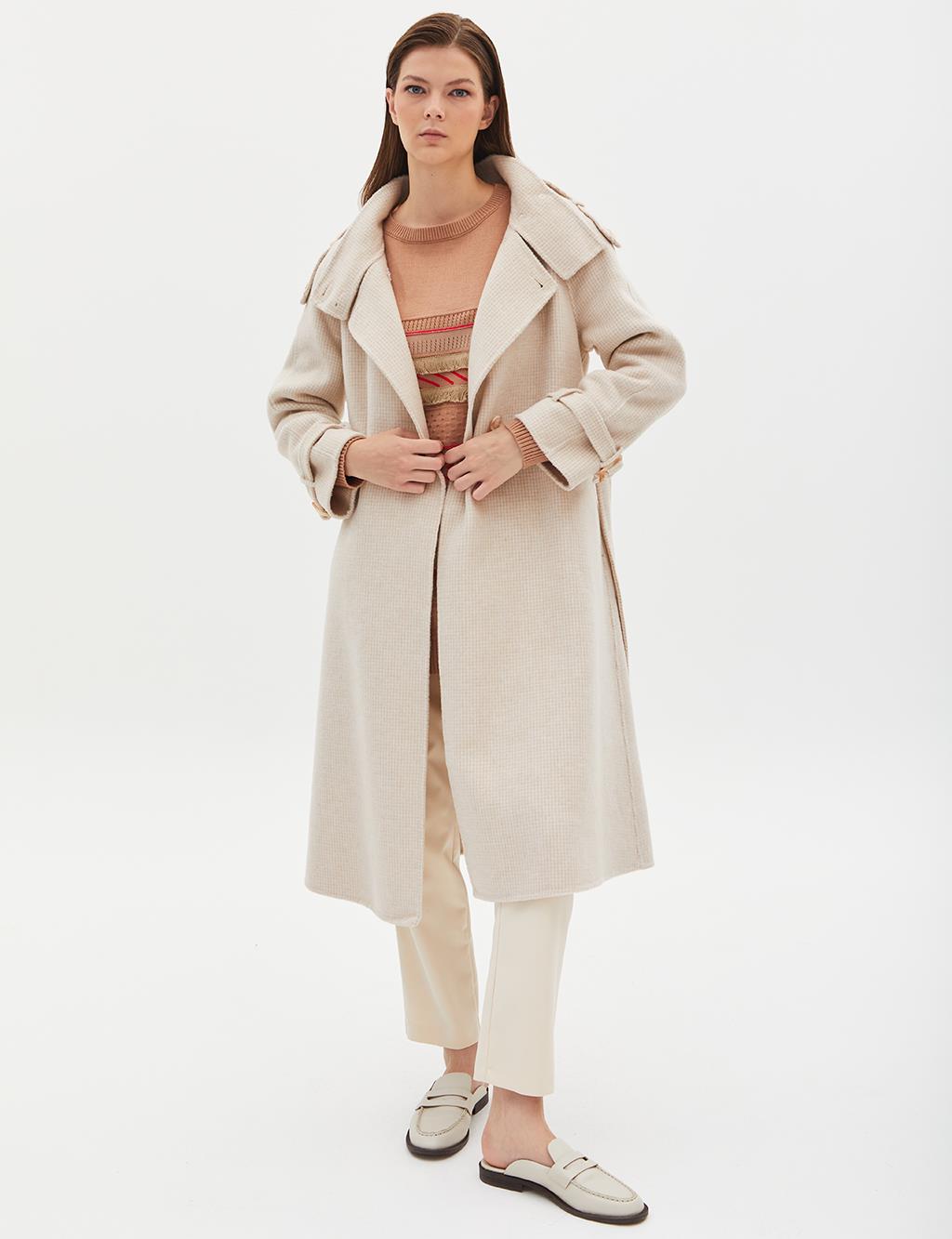 Premium High Collar Double Breasted Belted Stash Coat Cream