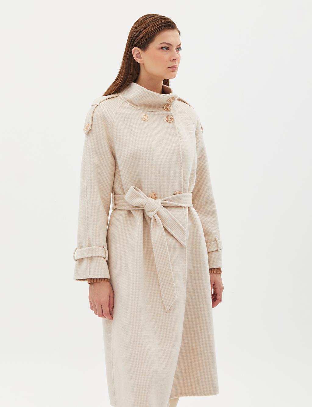 Premium High Collar Double Breasted Belted Stash Coat Cream