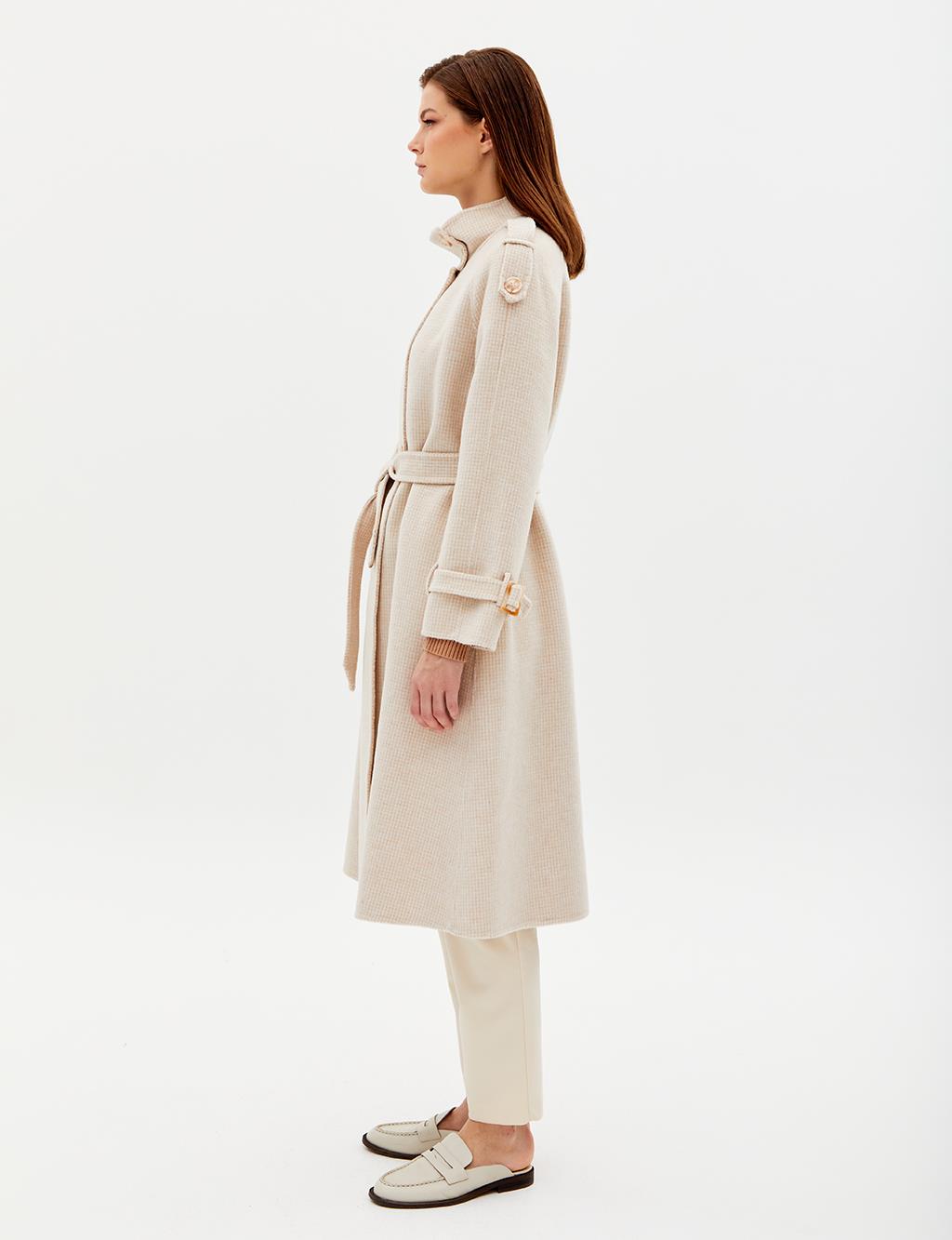 Premium High Collar Double Breasted Belted Stash Coat Cream