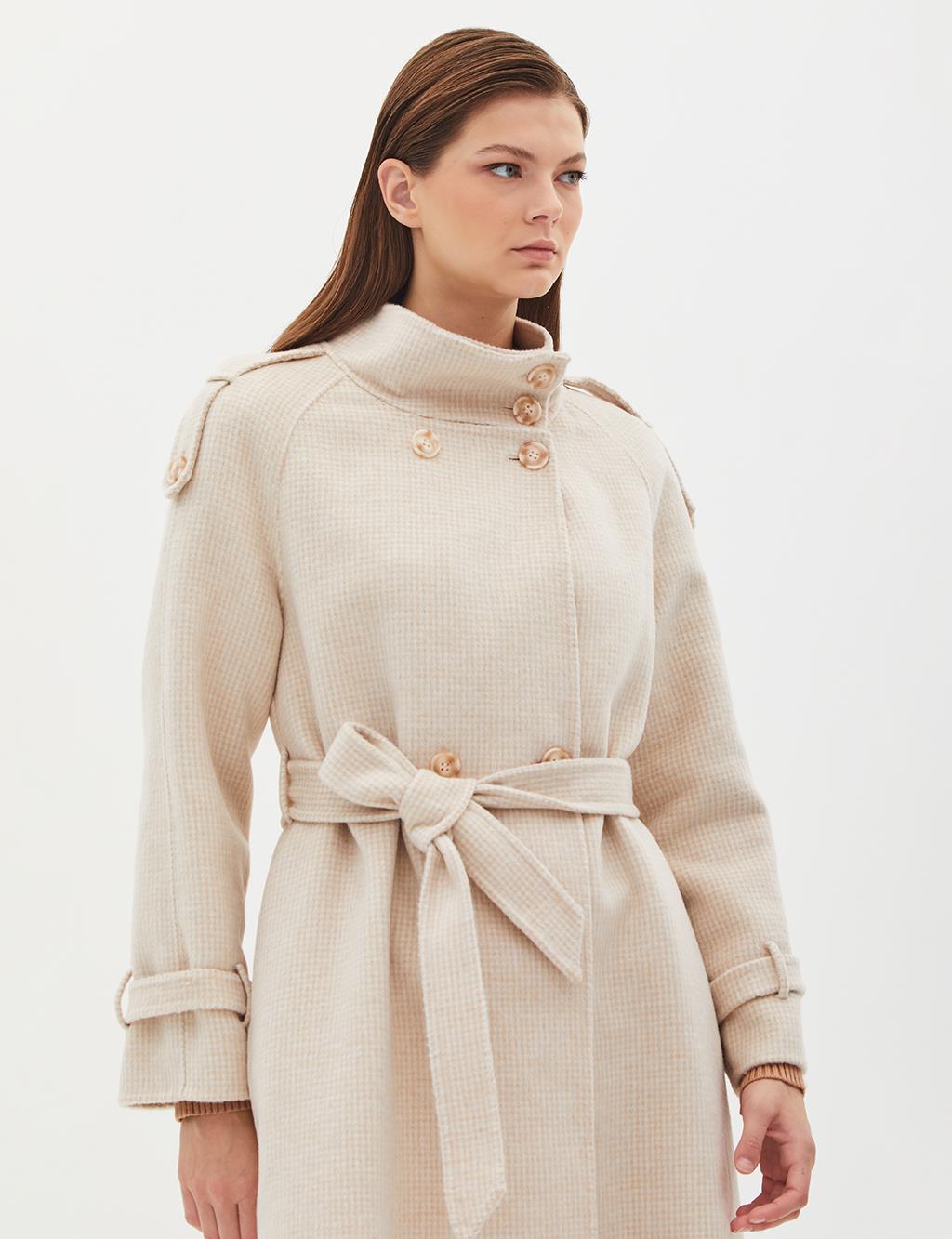 Premium High Collar Double Breasted Belted Stash Coat Cream