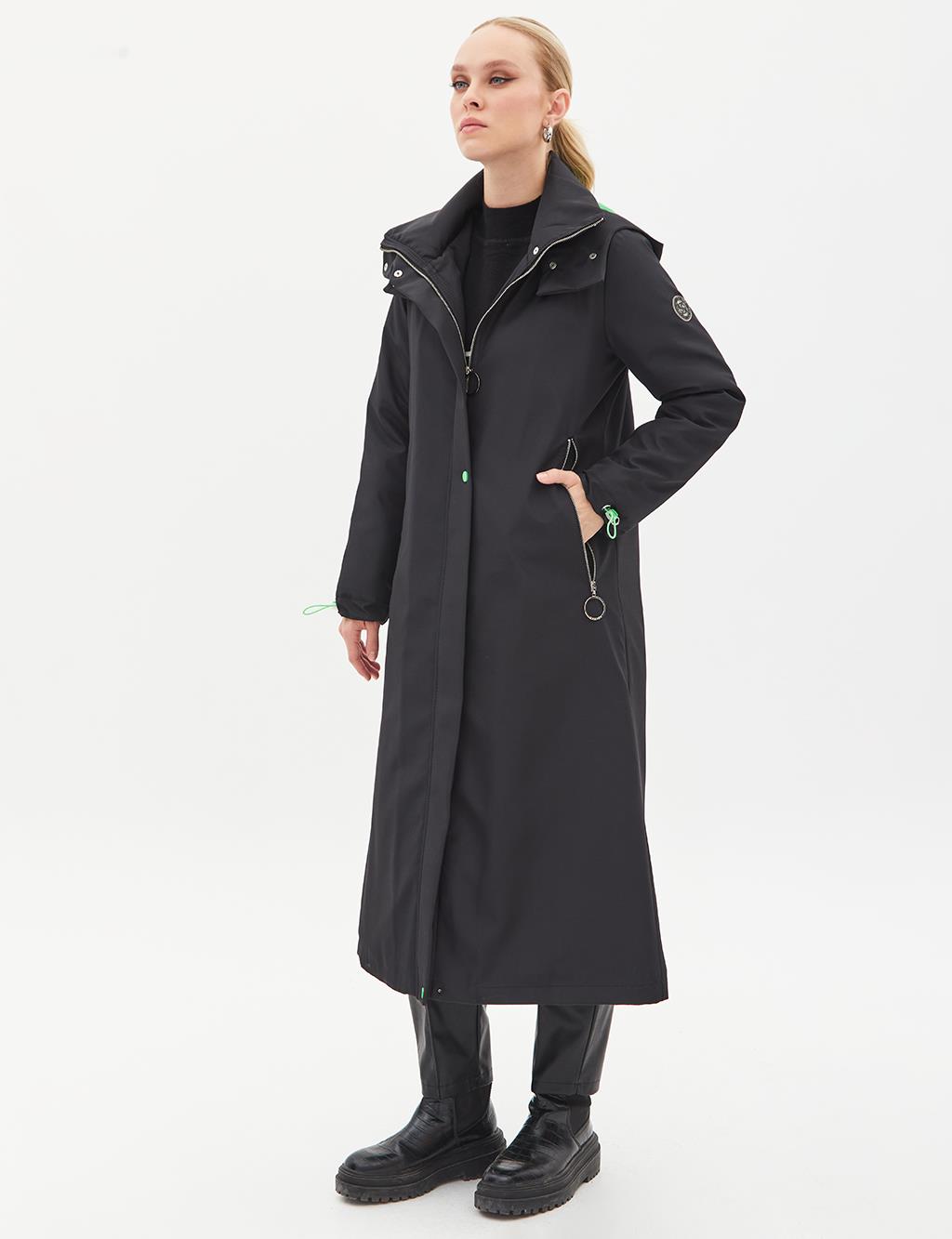 Hooded Stand Collar Coat Black