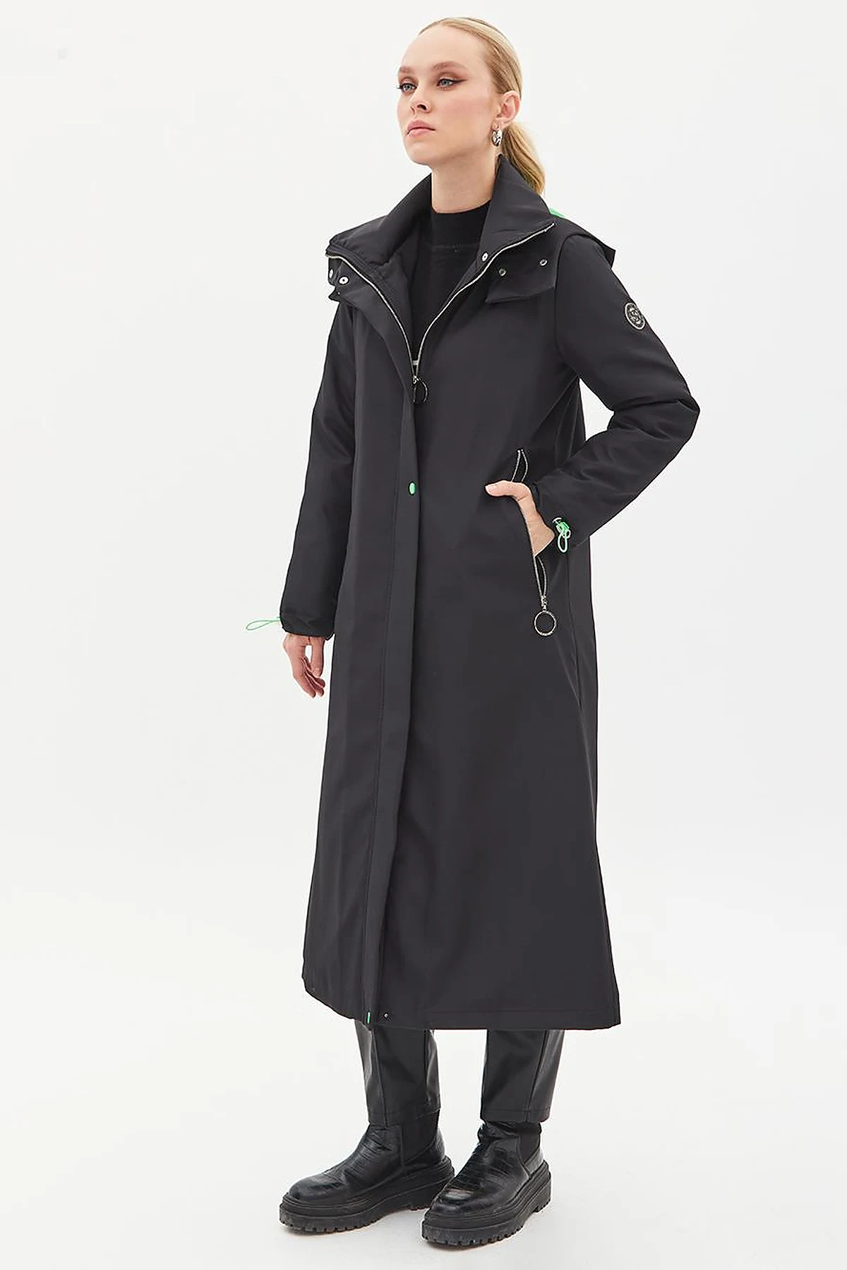 Hooded Stand Collar Coat Black